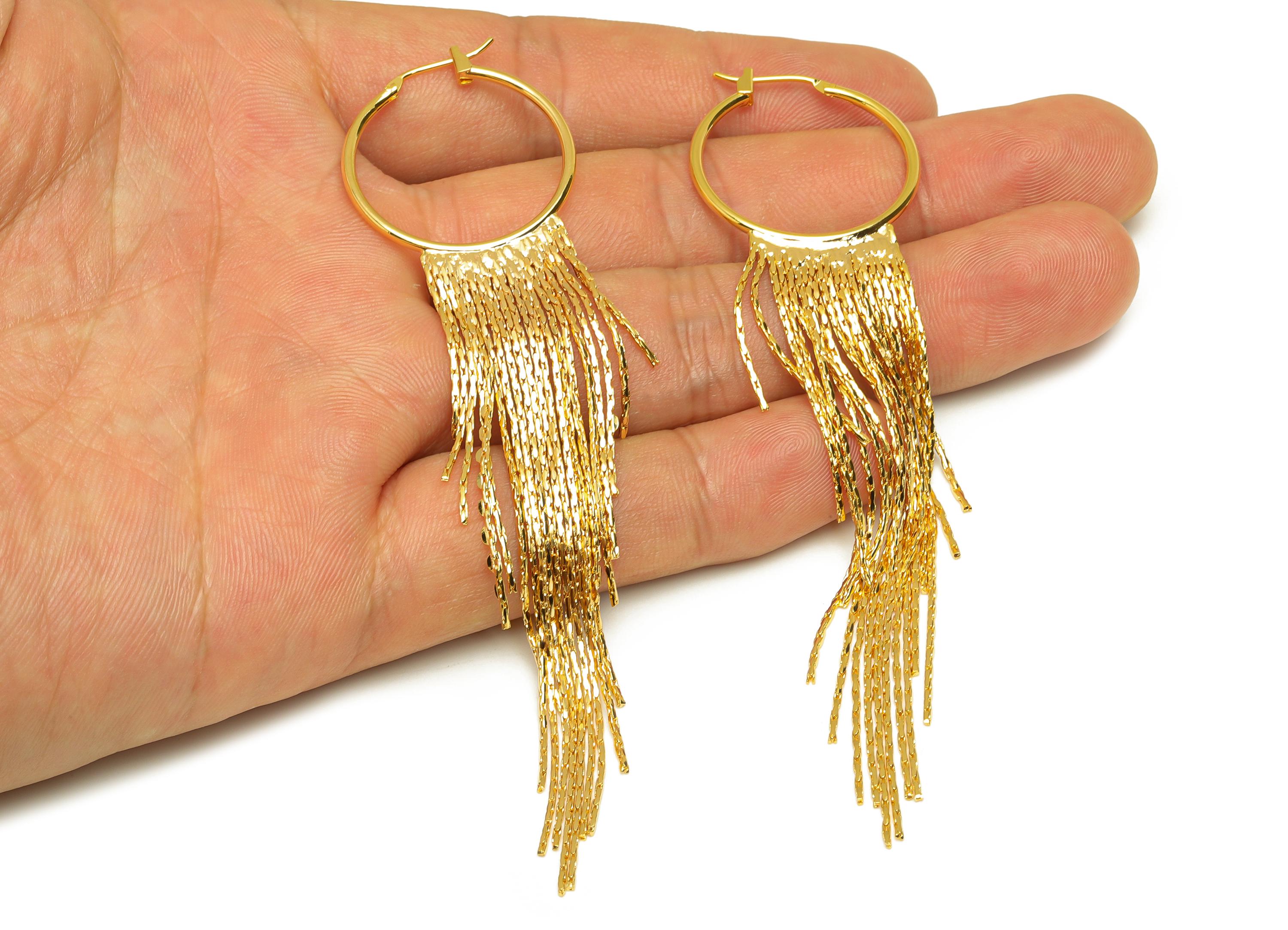 Tassel Huggie Hoop Ear - Brass Snake Chain Tassel Earring - Gold Snake Chian Ear Clasp - 18K Real Gold Plated - 101.35x25.06x1.46mm- RGP7584 - DOMEDBAZAAR