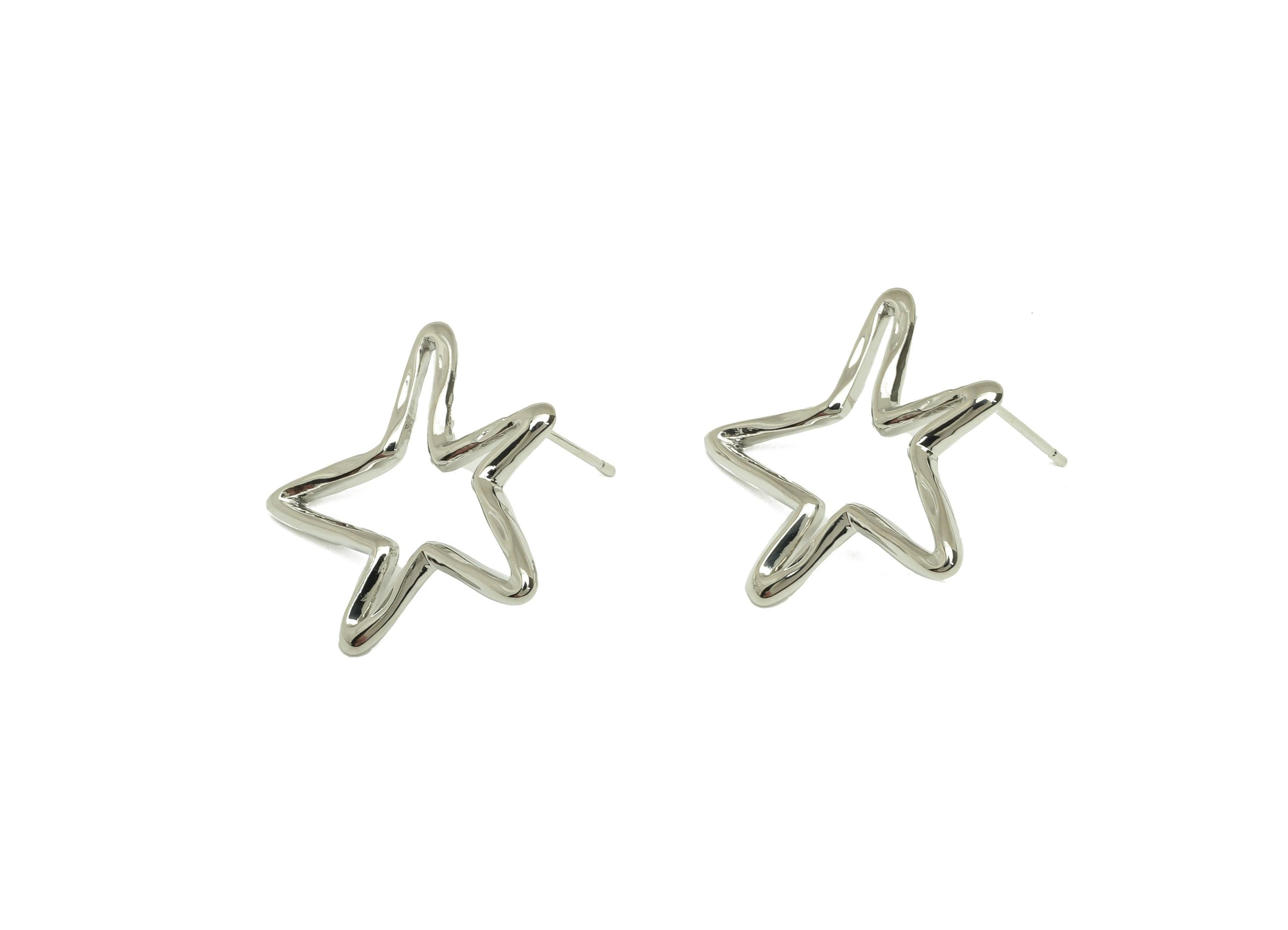 Brass Star Earring Stud - Textured Star Earring Post - Brass Star Wire Earring Post - 18K Real White Gold Plating - 26.47x25x1mm - RGP7802 - DOMEDBAZAAR