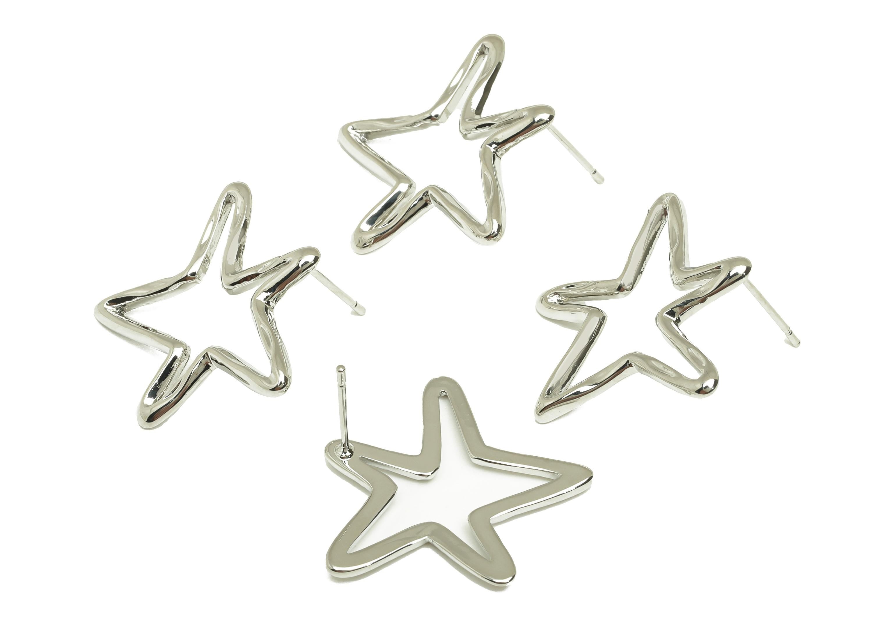 Brass Star Earring Stud - Textured Star Earring Post - Brass Star Wire Earring Post - 18K Real White Gold Plating - 26.47x25x1mm - RGP7802 - DOMEDBAZAAR