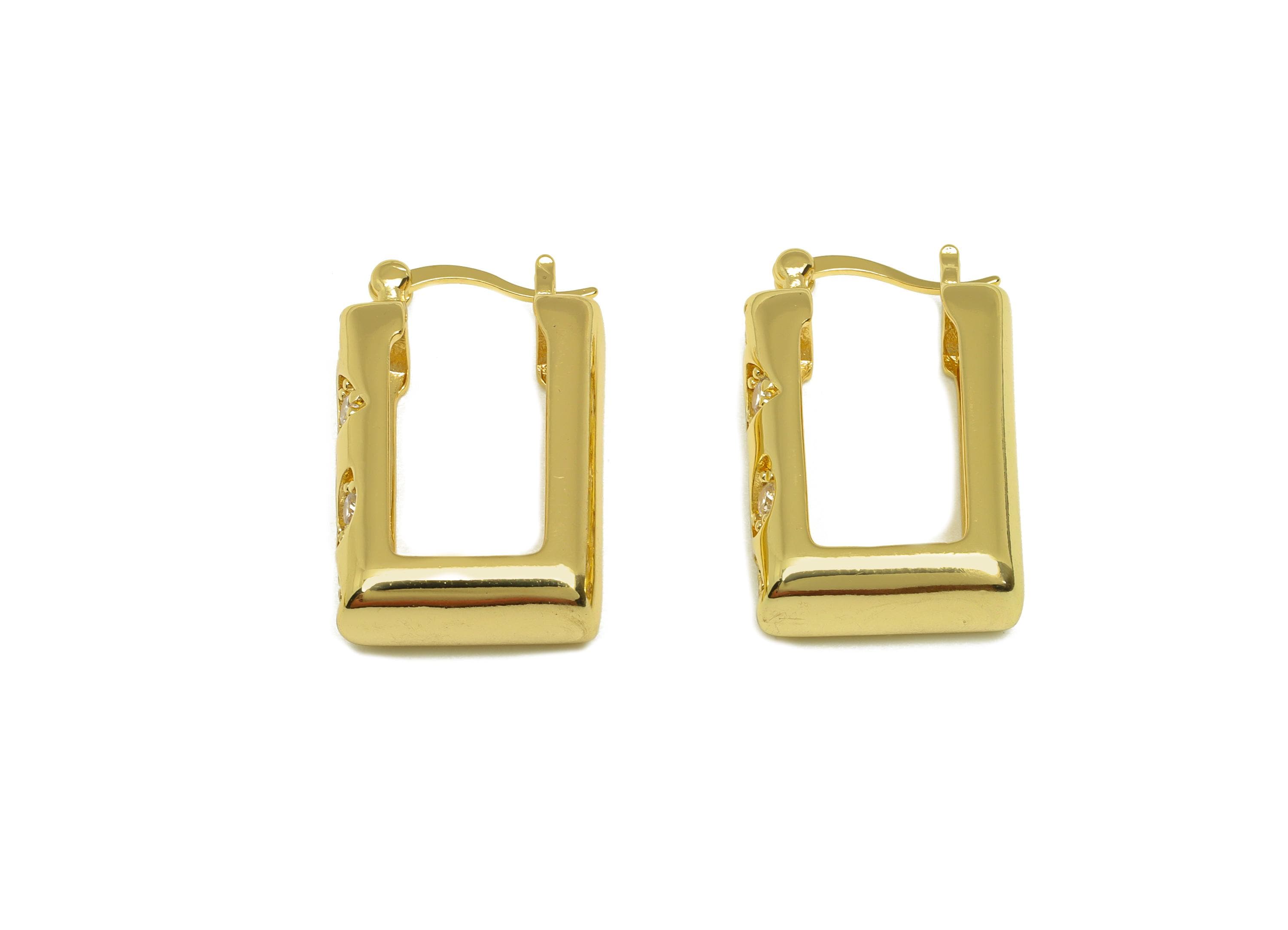 Brass Rectangle Hoop Earring - Gold Geometric Zircon Huggie Earring - Rectangle Hoop Ear - 18K Real Gold Plated - 26.35x16.46x0.69mm-RGP7590 - DOMEDBAZAAR