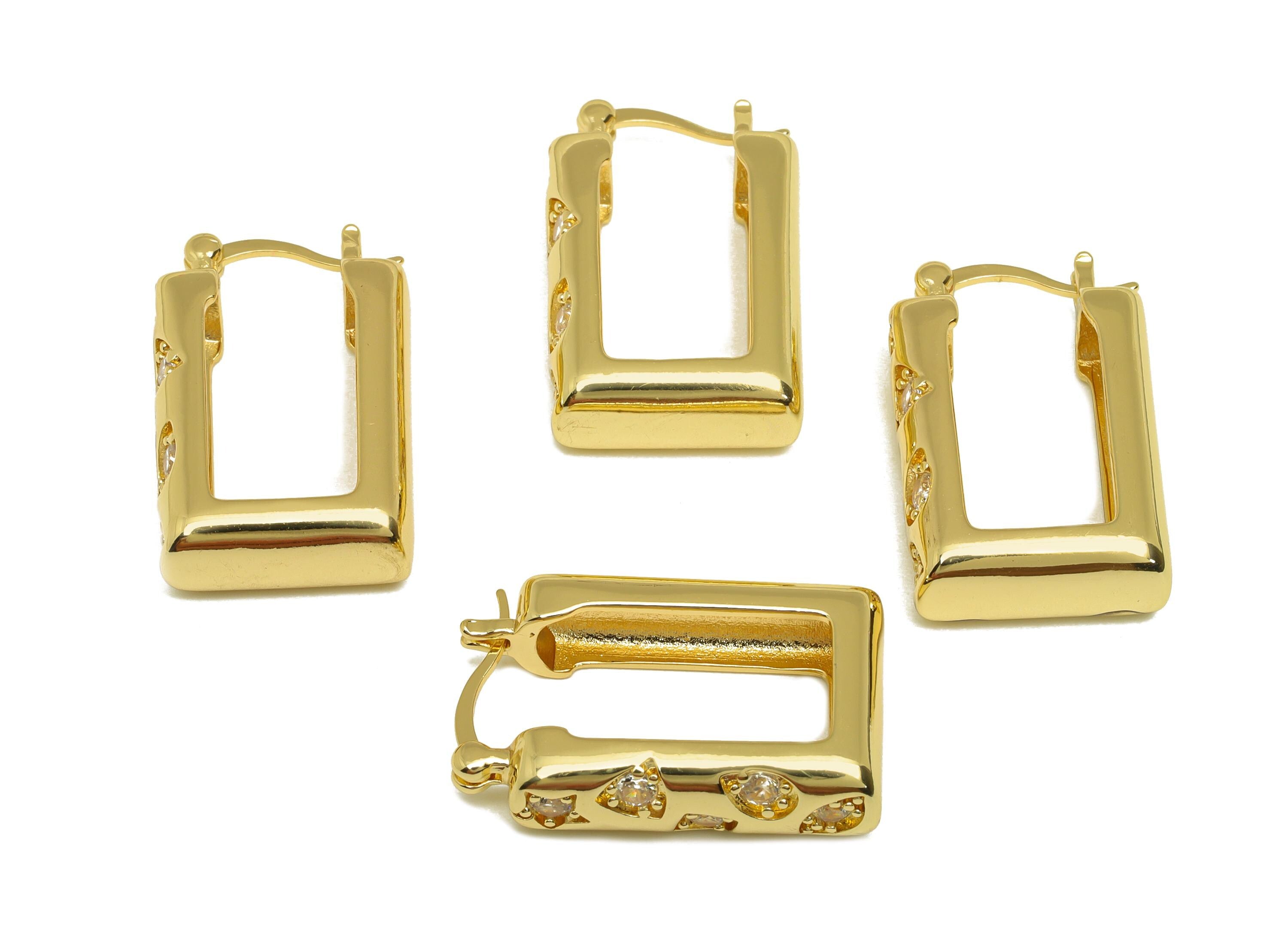 Brass Rectangle Hoop Earring - Gold Geometric Zircon Huggie Earring - Rectangle Hoop Ear - 18K Real Gold Plated - 26.35x16.46x0.69mm-RGP7590 - DOMEDBAZAAR
