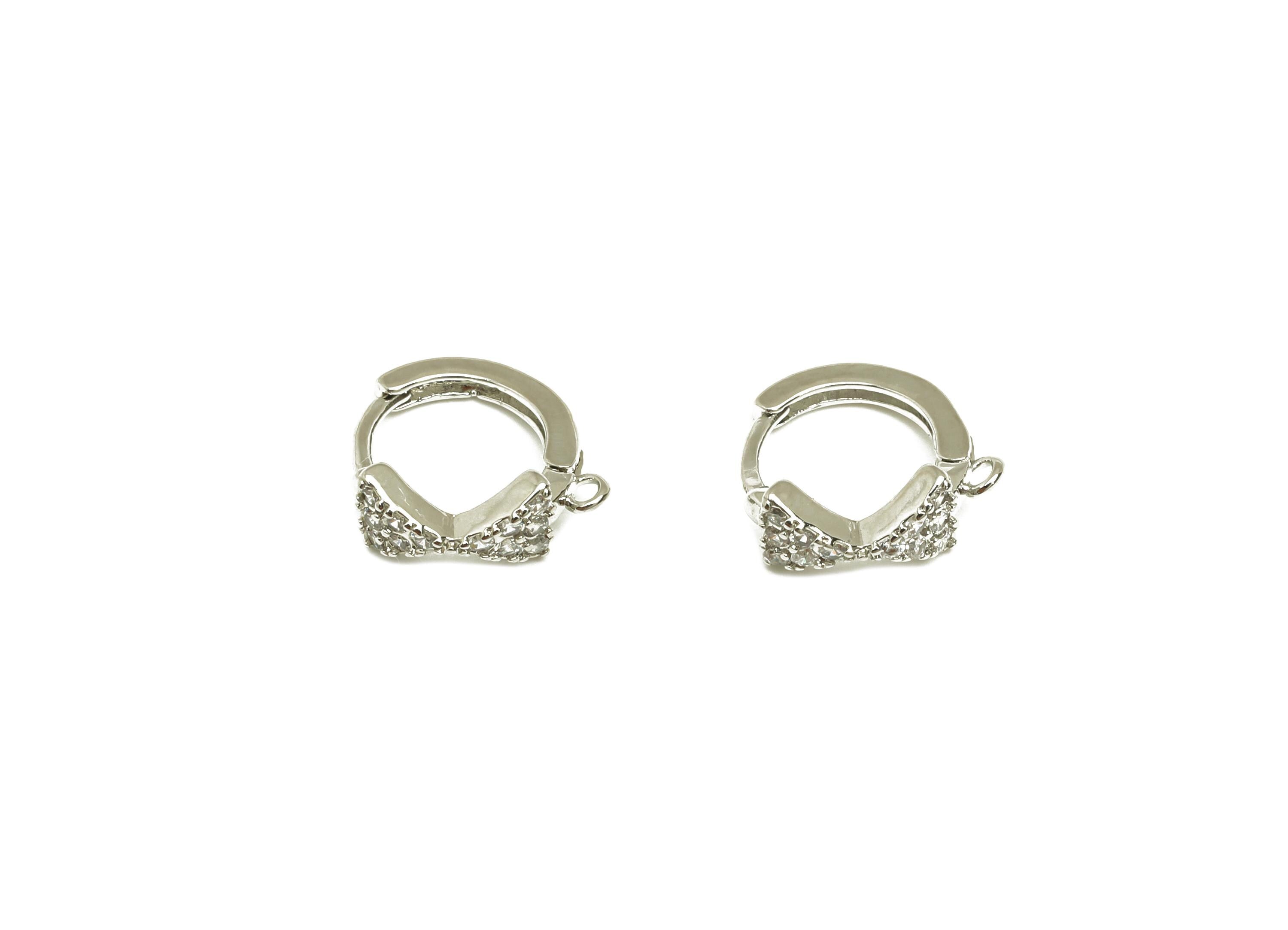 Brass CZ Bow Huggie Hoop - Butterfly Bow Earring Clasp - Zircon Hoop Clasp Earring - 18K Real White Gold Plating - 10x10x4.8mm - RGP7826 - DOMEDBAZAAR