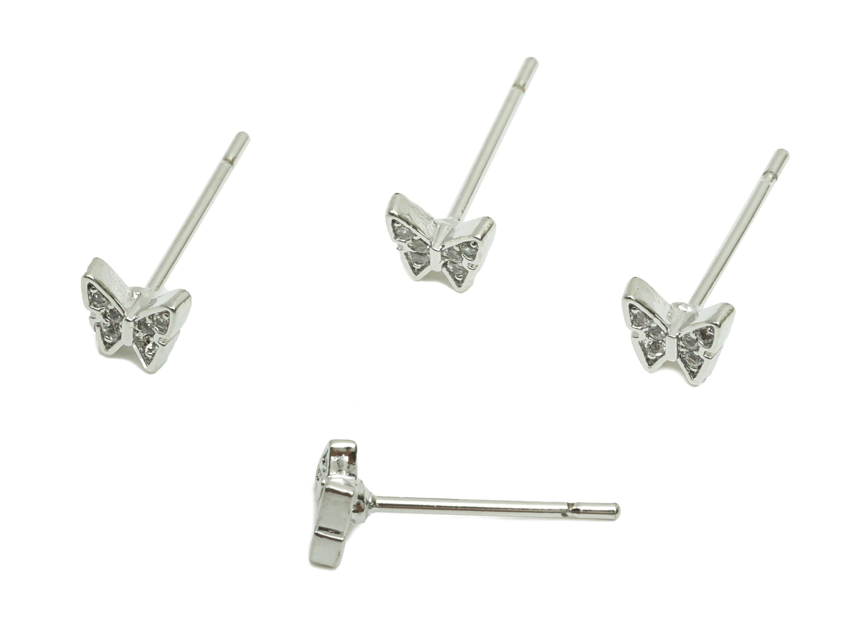 Brass CZ Earring Post - Brass Butterfly Earring Stud - Brass Cubic Zircon Earring Post  - 18K Real White Gold Plating - 13x4.9x1mm - RGP8226 - DOMEDBAZAAR