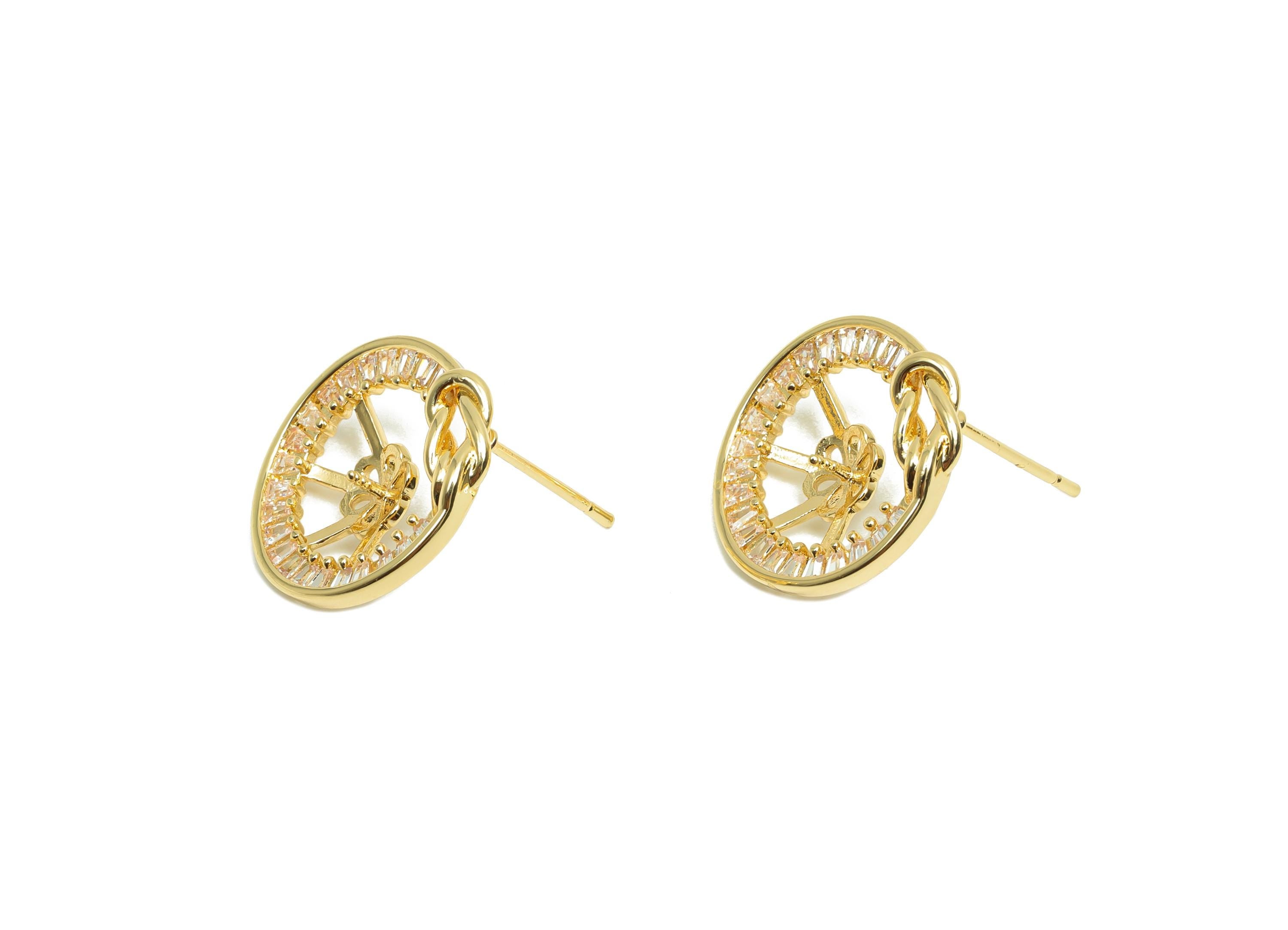 Brass CZ Earring Stud - Brass Cubic Zircon Earring Post - Brass Knot Earring Post For Pearl - 18K Real Gold Plating - 18.22x17x4mm - RGP8193 - DOMEDBAZAAR