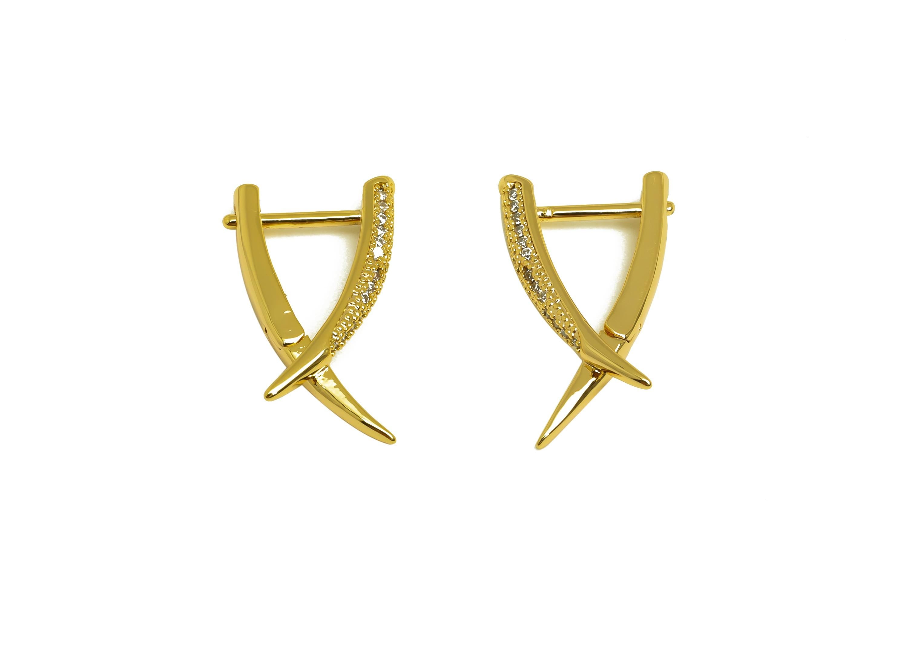 Brass Horn Jacket Huggie Ear - Gold CZ English Lock Earring - Horn Jacket Hoop Clasp - 18K Real Gold Plating - 22.60x12.46x3.06mm - RGP7991 - DOMEDBAZAAR