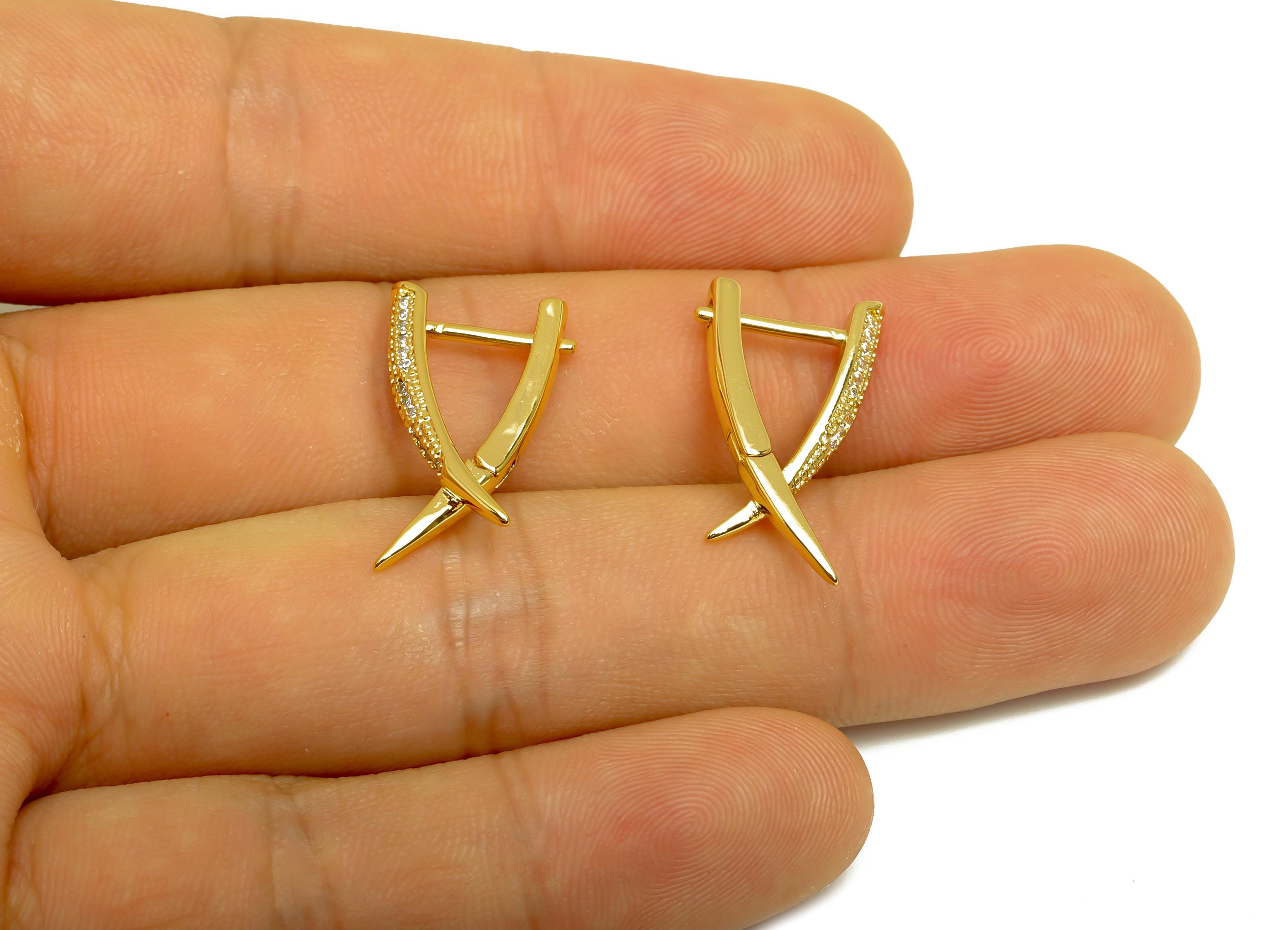 Brass Horn Jacket Huggie Ear - Gold CZ English Lock Earring - Horn Jacket Hoop Clasp - 18K Real Gold Plating - 22.60x12.46x3.06mm - RGP7991 - DOMEDBAZAAR