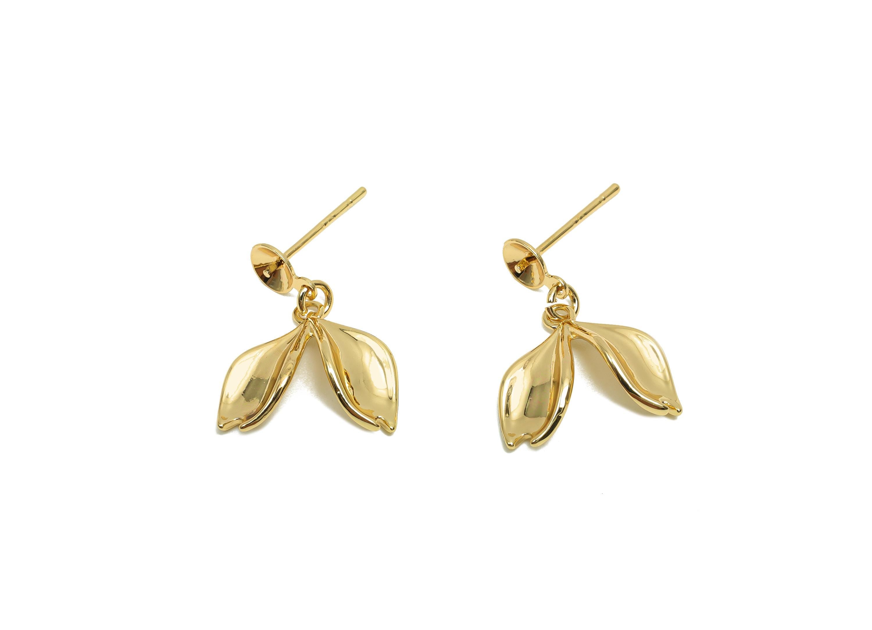 Brass Leaf Earring Stud - Brass Dangle Leaf Earring Post - Brass Earring Post For Pearl - 18K Real Gold Plating - 22x15.7x4.72mm - RGP8205 - DOMEDBAZAAR
