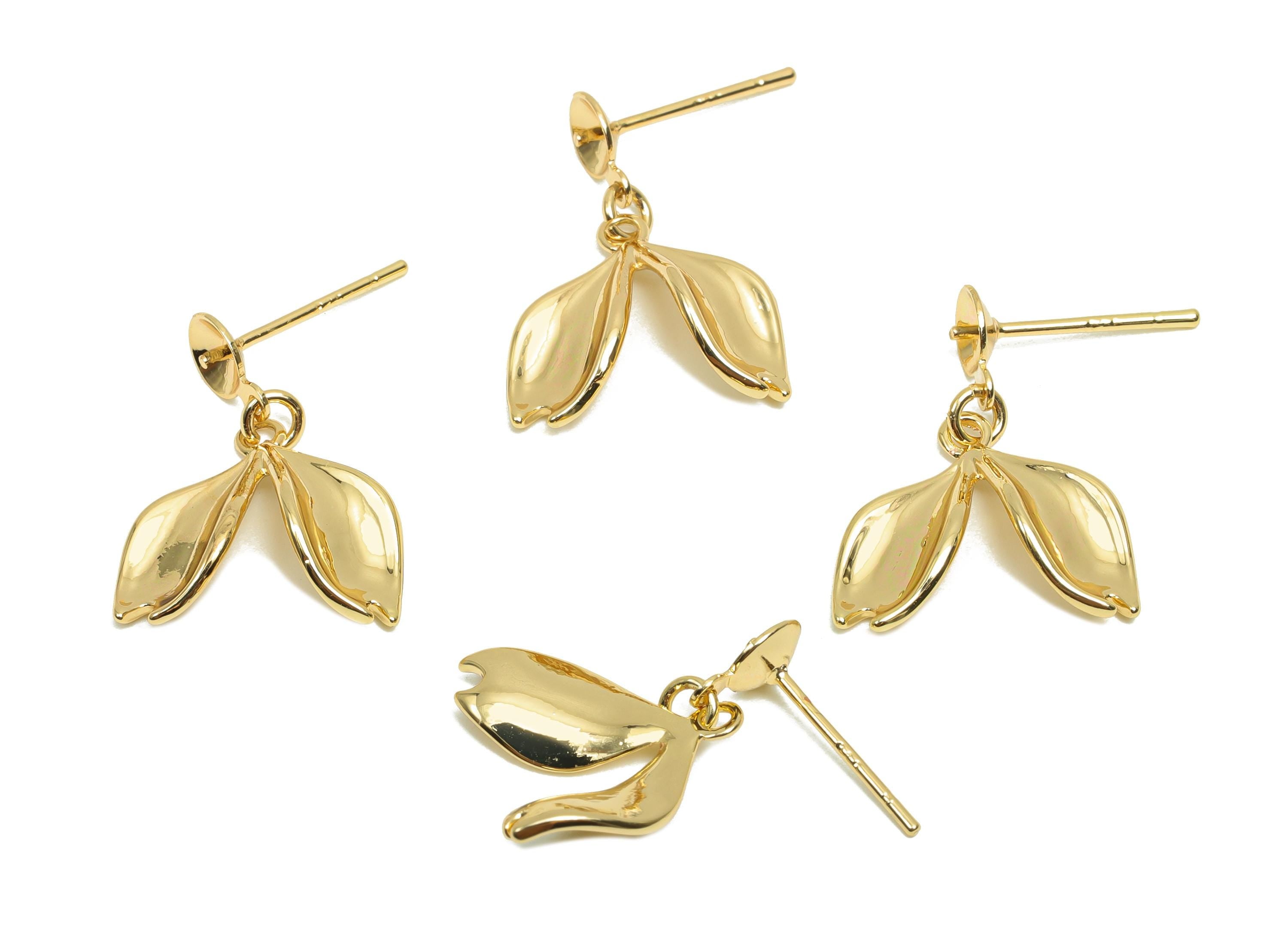Brass Leaf Earring Stud - Brass Dangle Leaf Earring Post - Brass Earring Post For Pearl - 18K Real Gold Plating - 22x15.7x4.72mm - RGP8205 - DOMEDBAZAAR