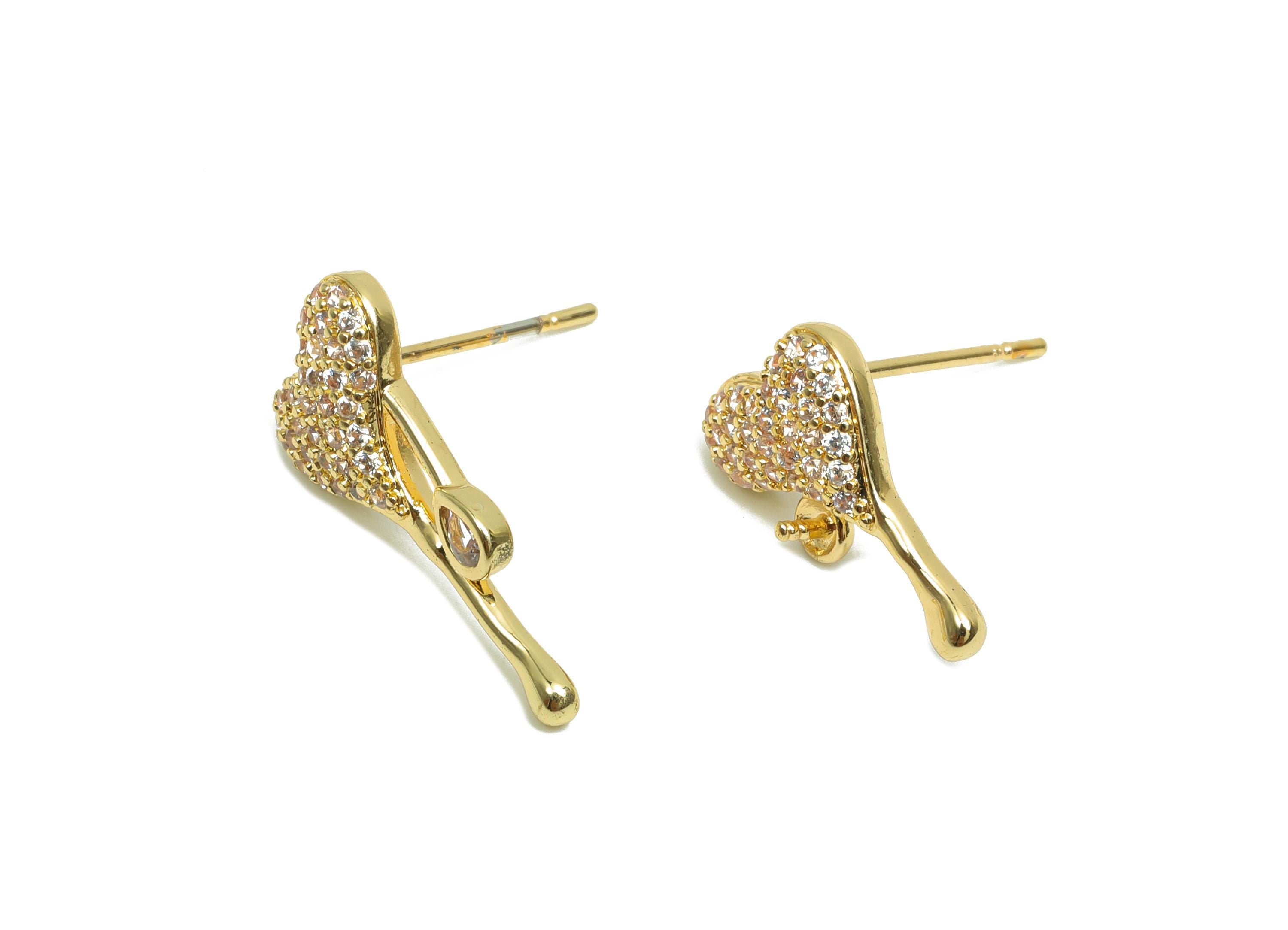 Brass CZ Earring Stud - Brass Cubic Zircon Earring Post - Brass Melt Heart Earring Post - 18K Real Gold Plating - 19.5x9x3.3mm - RGP8190 - DOMEDBAZAAR