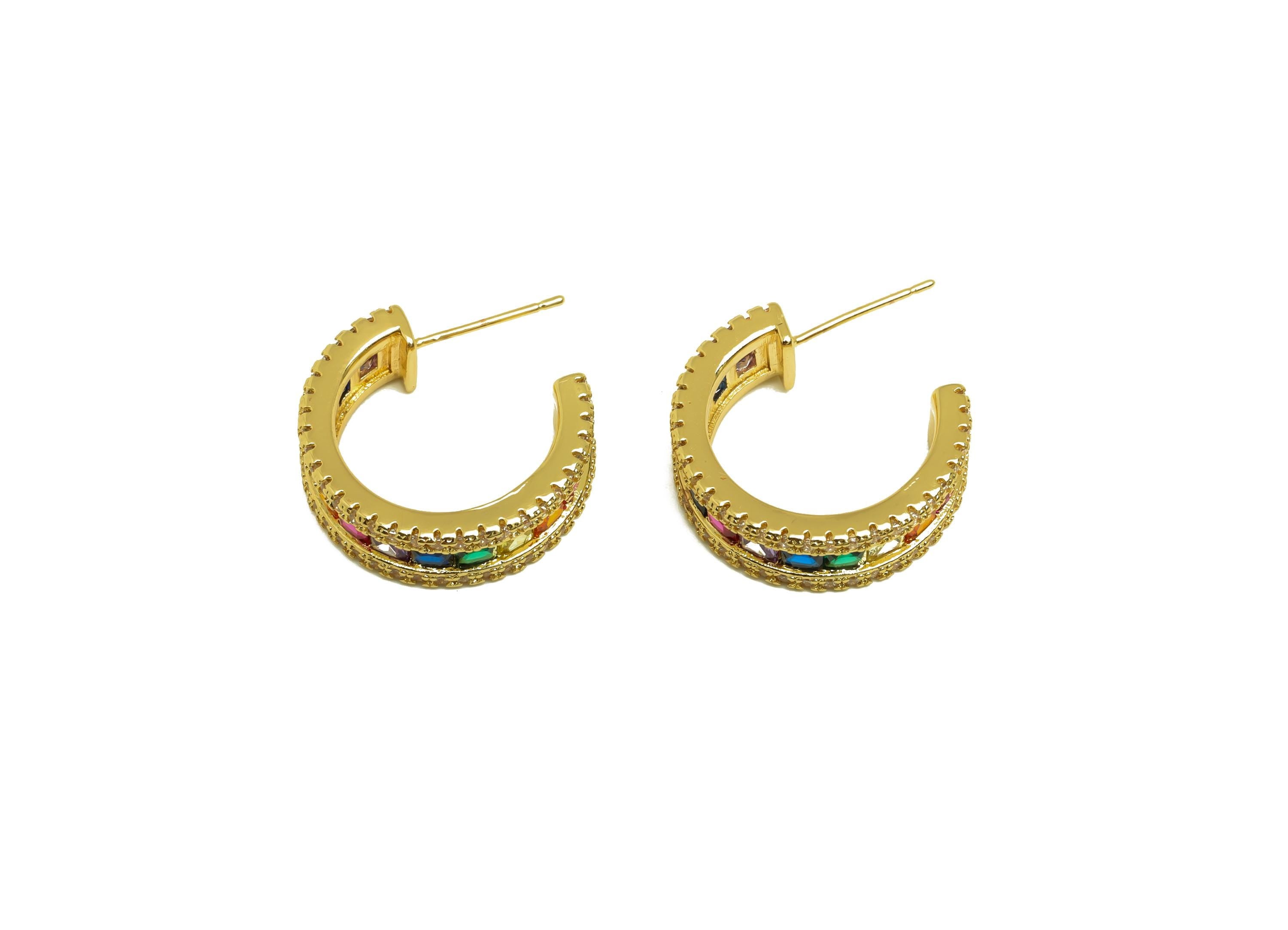 Brass Round C Hoop Ear - Gold Rainbow Zircon Earring Stud - CZ Open C Round Earring Post - 18K Real Gold Plating - 21.85x7x2.89mm - RGP7994 - DOMEDBAZAAR