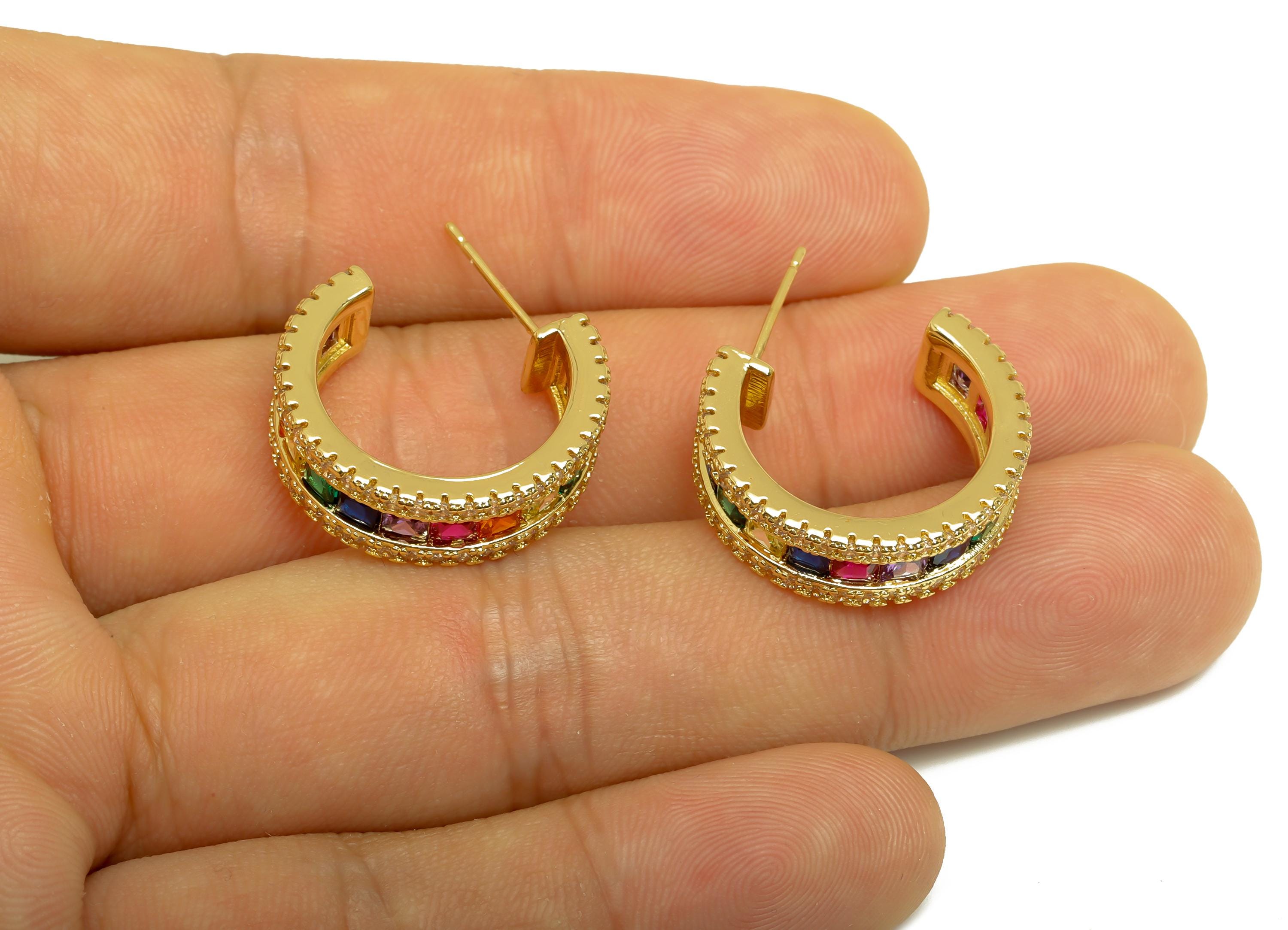 Brass Round C Hoop Ear - Gold Rainbow Zircon Earring Stud - CZ Open C Round Earring Post - 18K Real Gold Plating - 21.85x7x2.89mm - RGP7994 - DOMEDBAZAAR