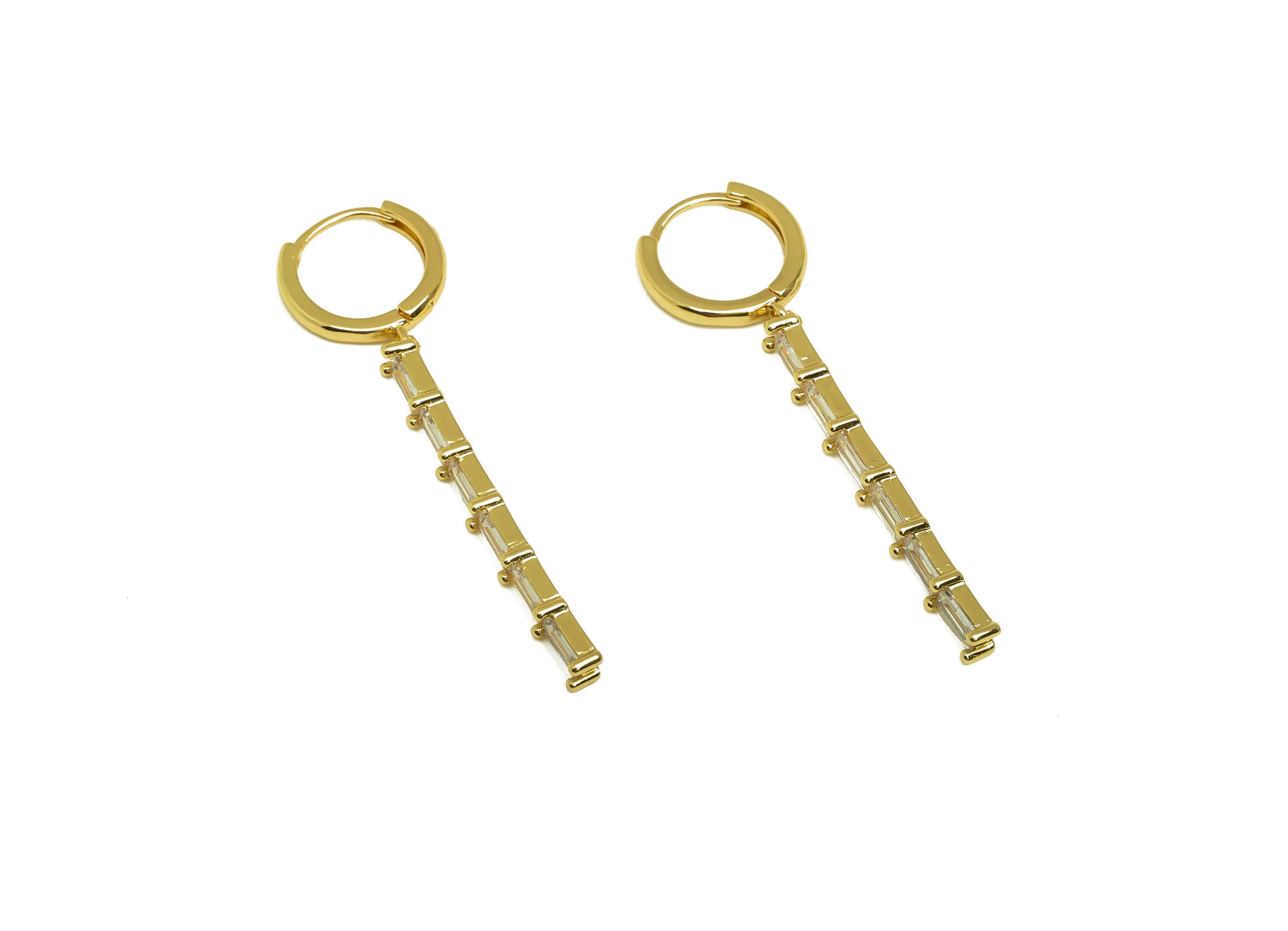 Brass CZ Dangle Earring - Zircon Rectangle Bar Hoop Ear - Gold Huggie Dangle Earring - 18K Real Gold Plating - 47.55x13.78x2.35mm - RGP7996 - DOMEDBAZAAR