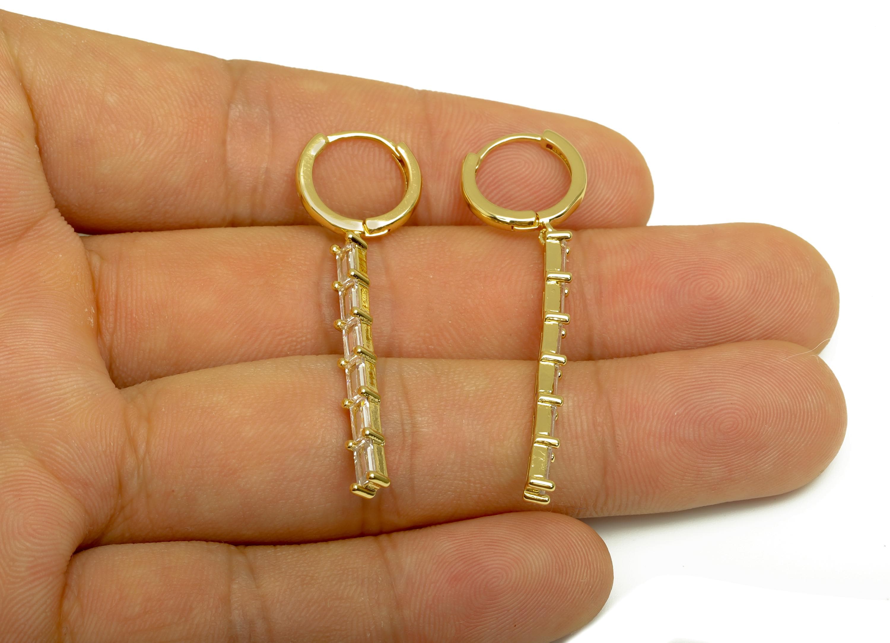 Brass CZ Dangle Earring - Zircon Rectangle Bar Hoop Ear - Gold Huggie Dangle Earring - 18K Real Gold Plating - 47.55x13.78x2.35mm - RGP7996 - DOMEDBAZAAR