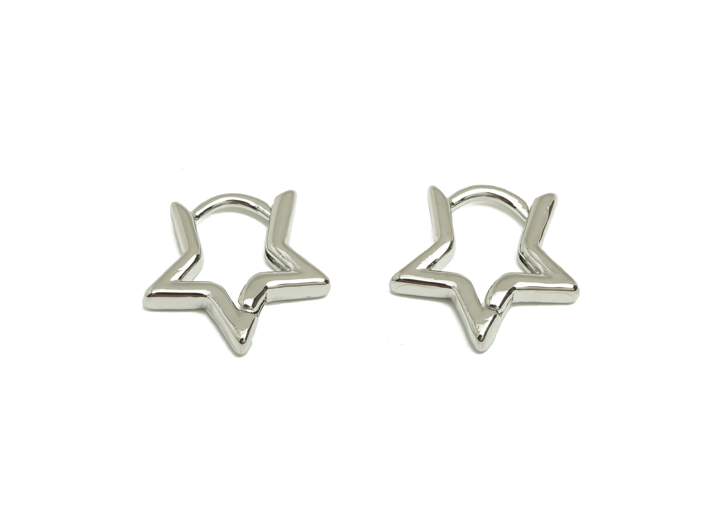 Brass Hoop Earring - Brass Star Hoop Earring - Brass Star Huggie Hoop Earring - 18K Real White Gold Plating - 14.45x13.57x2.25mm - RGP7797 - DOMEDBAZAAR