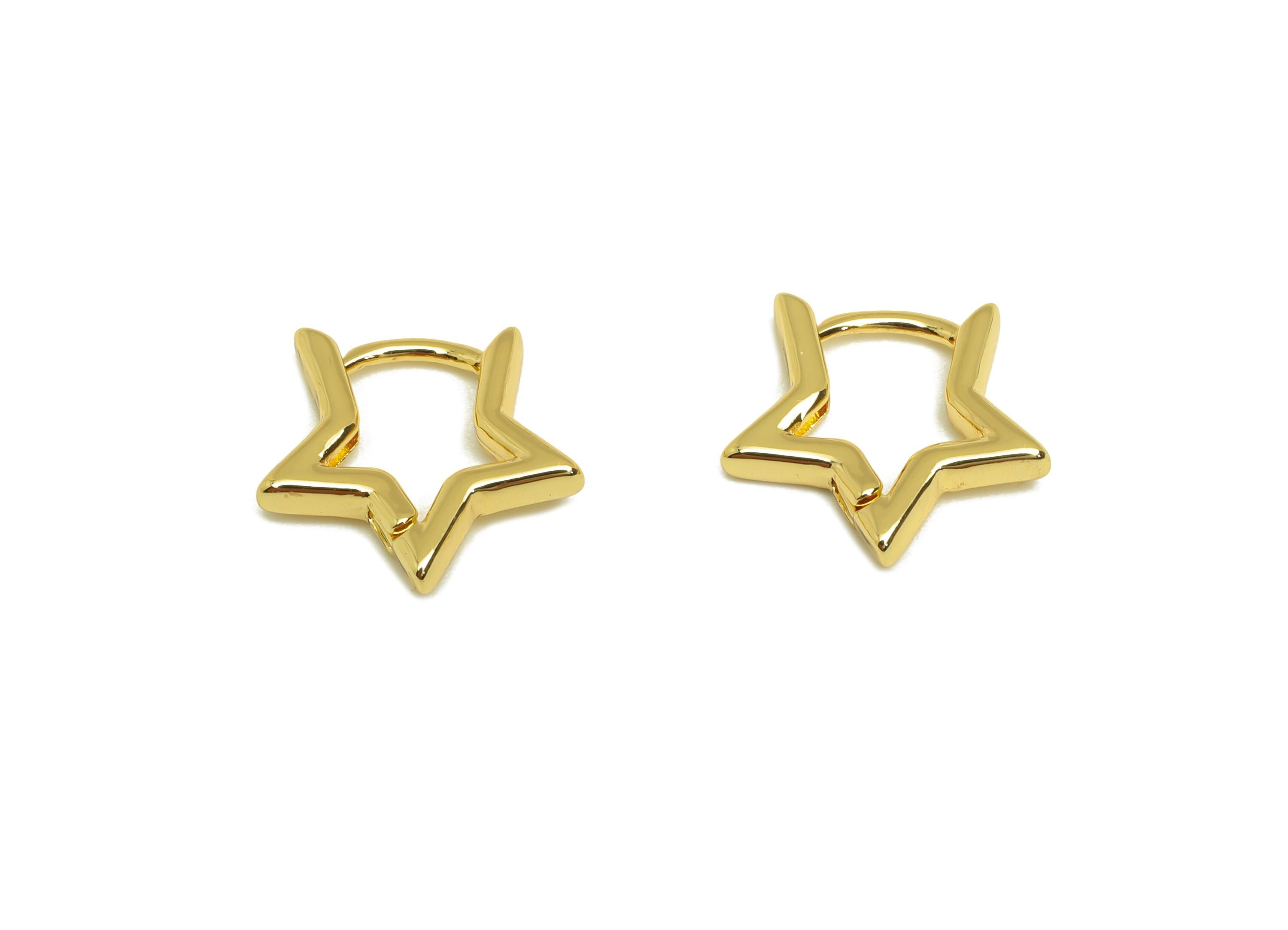 Brass Star Hoop Earring - Brass Star Hoop Earring - Brass Star Huggie Hoop Clasp Earring - 18K Real Gold Plating - 14.45x13.57x2mm - RGP7808 - DOMEDBAZAAR