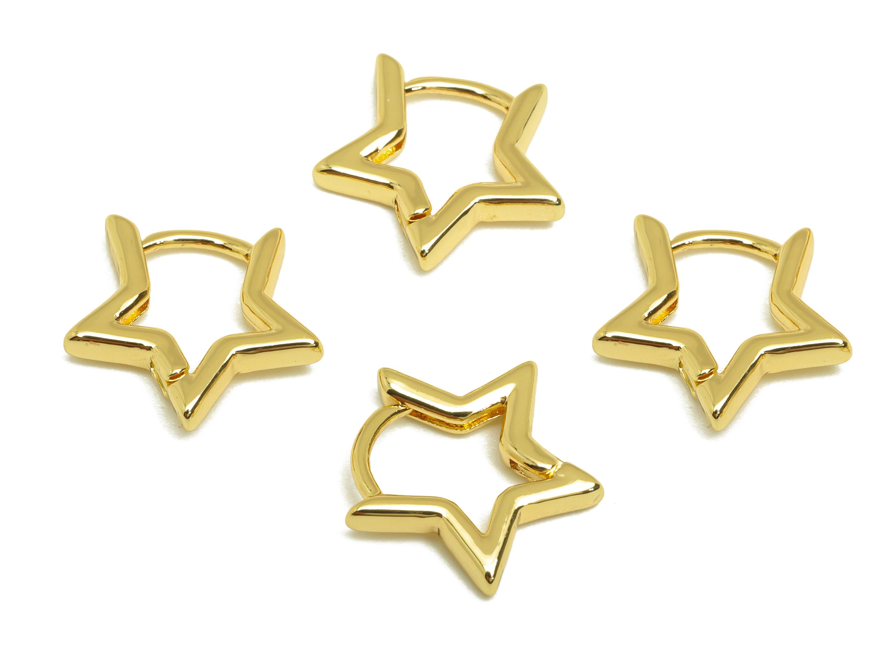 Brass Star Hoop Earring - Brass Star Hoop Earring - Brass Star Huggie Hoop Clasp Earring - 18K Real Gold Plating - 14.45x13.57x2mm - RGP7808 - DOMEDBAZAAR
