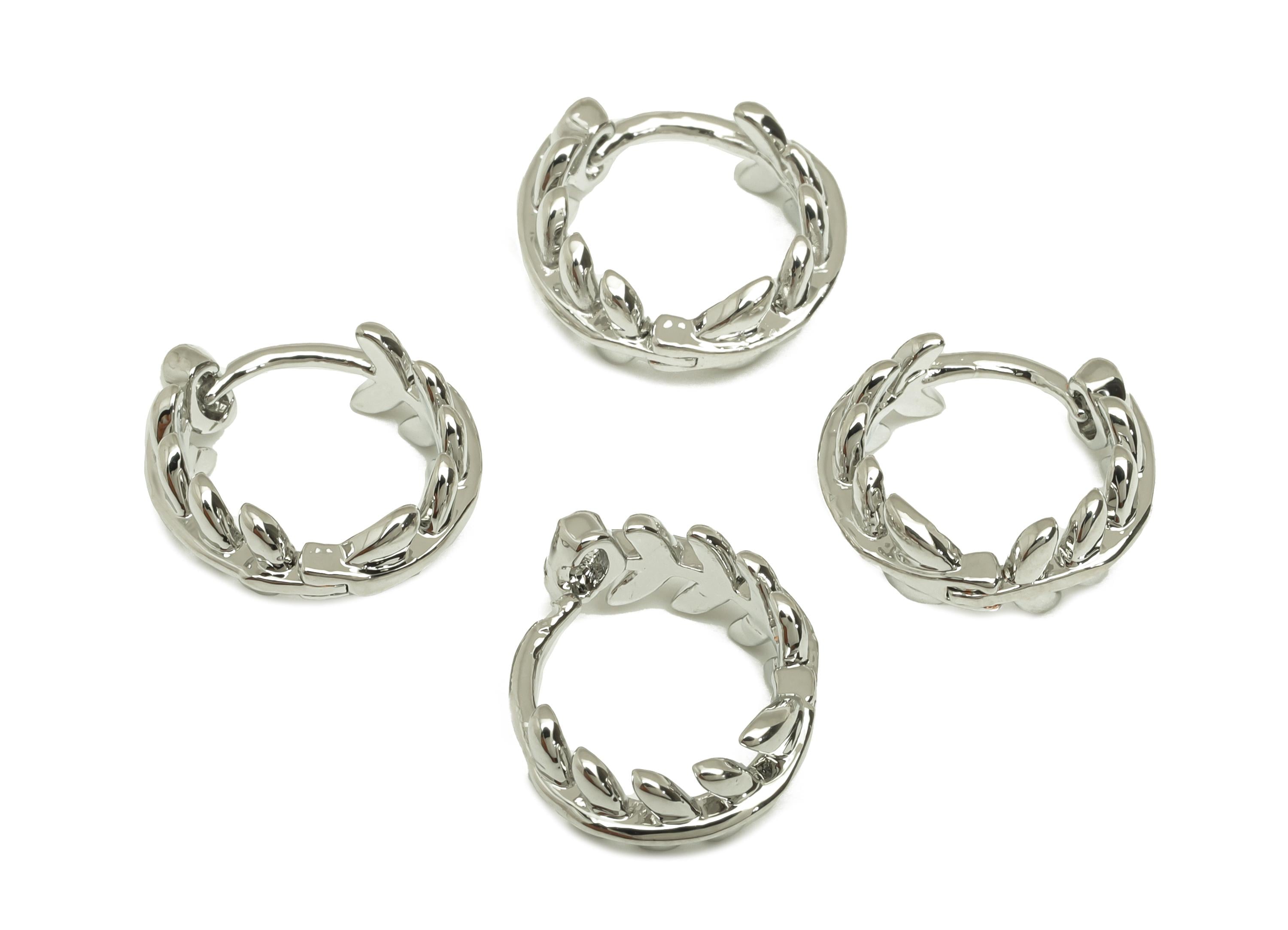 Brass Huggie Hoop Earring - Brass Leaf Earring Clasp - Branch Hoop Clasp Earring - 18K Real White Gold Plating - 12.78x12.57x4.7mm - RGP7821 - DOMEDBAZAAR