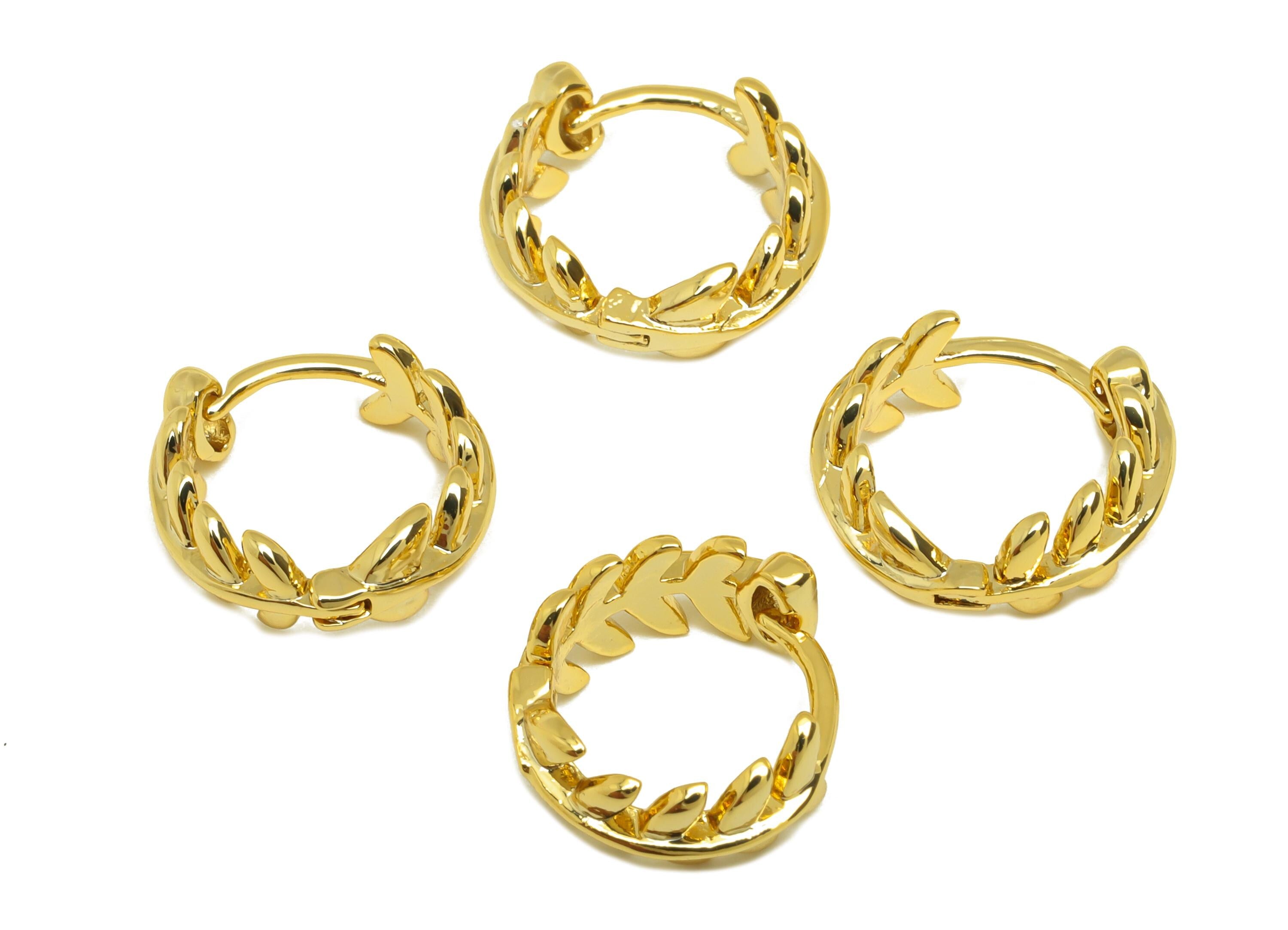 Brass Huggie Hoop Earring - Brass Leaf Earring Clasp - Branch Hoop Clasp Earring - 18K Real Gold Plating - 12.78x12.57x4.7mm - RGP7832 - DOMEDBAZAAR