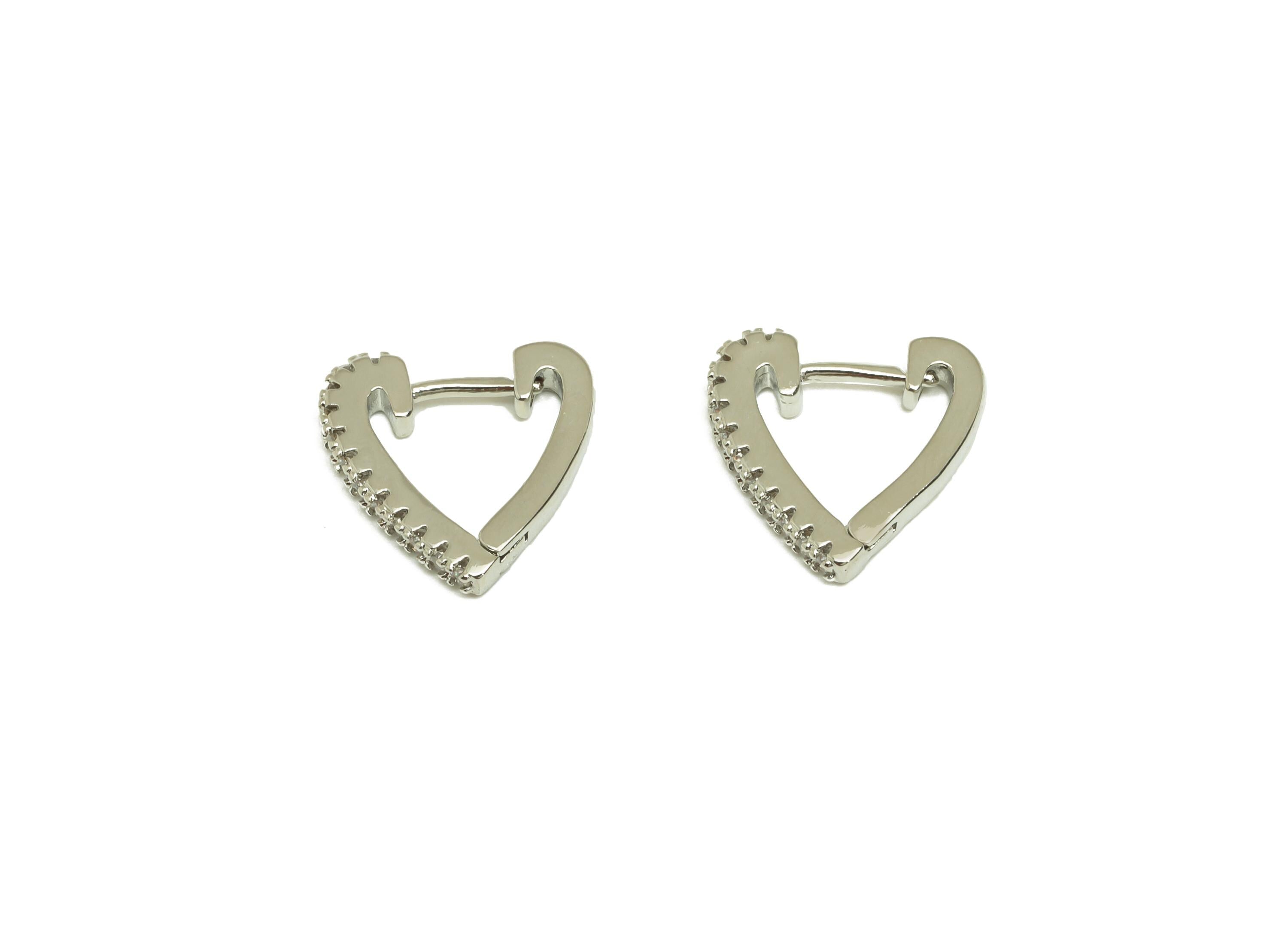 Brass Huggie Hoop Earring - Brass Heart Earring Clasp - Zircon Hoop Clasp Earring - 18K Real White Gold Plating - 13x12.7x2.14mm - RGP7799 - DOMEDBAZAAR