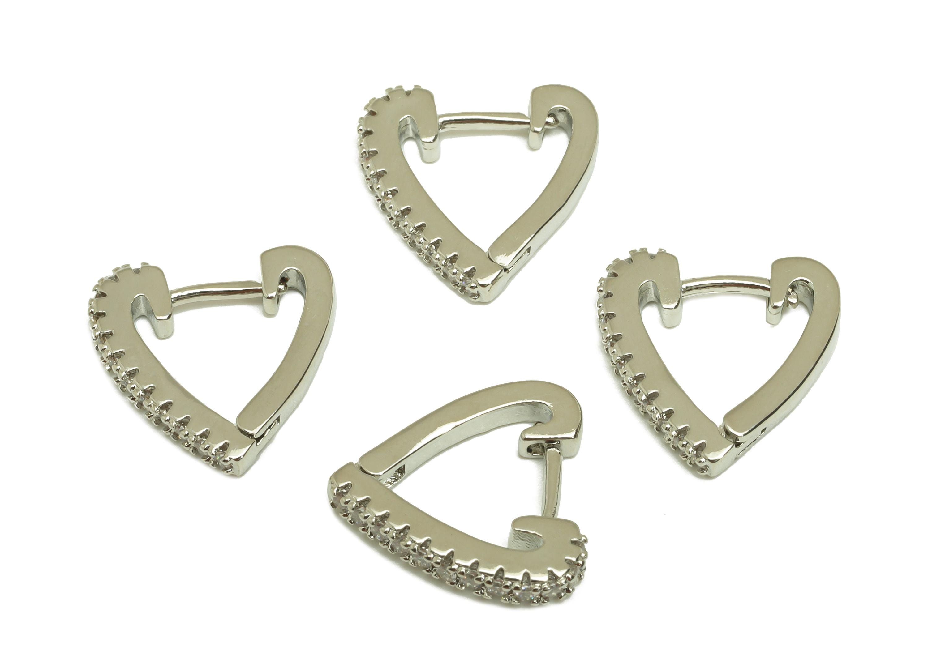 Brass Huggie Hoop Earring - Brass Heart Earring Clasp - Zircon Hoop Clasp Earring - 18K Real White Gold Plating - 13x12.7x2.14mm - RGP7799 - DOMEDBAZAAR