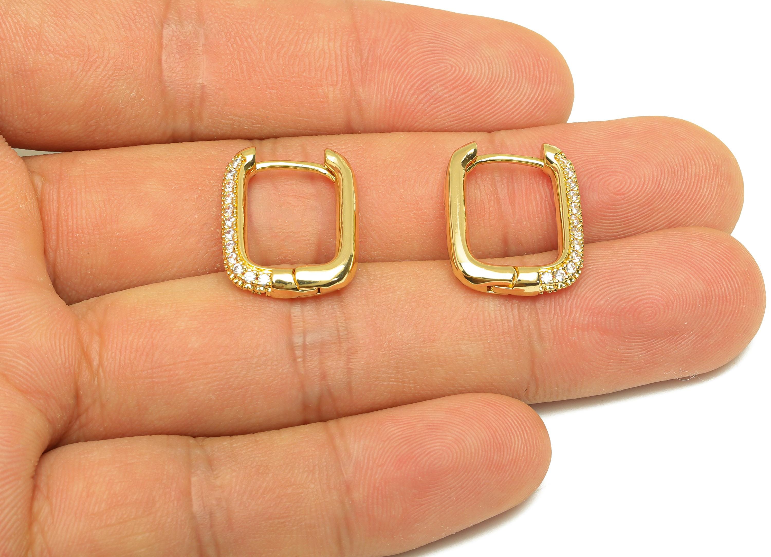 Brass Huggie Hoop Earring - Brass Rectangle Earring Clasp - Zircon Hoop Clasp Earring - 18K Real Gold Plating - 19.42x14x3mm - RGP7815 - DOMEDBAZAAR