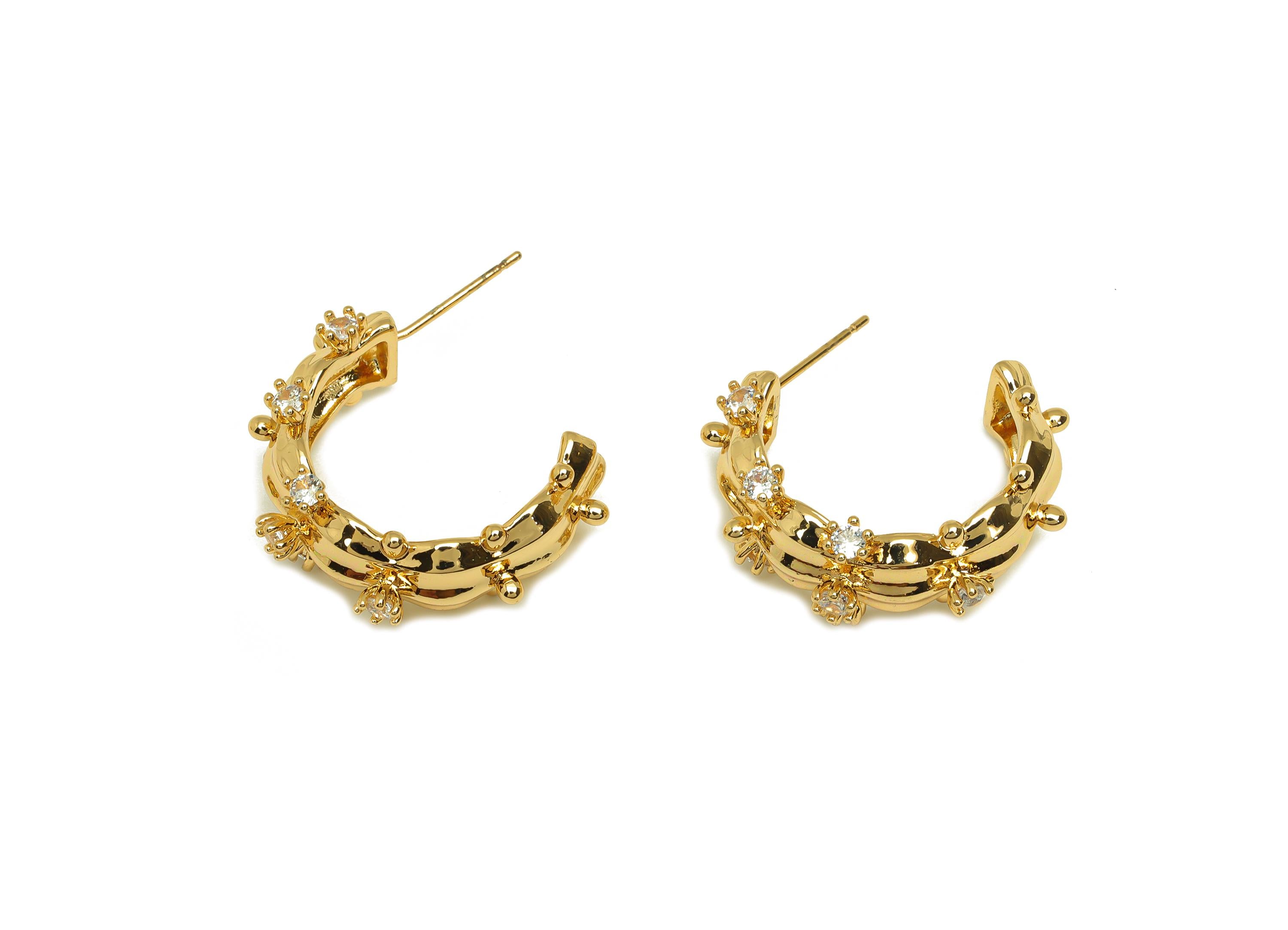 Brass C Hoop Earring - Gold Zircon Wave Hoop Earring Stud - CZ Round Textured Open Earring Post - 18K Real Gold Plating -25x23x5.3mm-RGP7595 - DOMEDBAZAAR