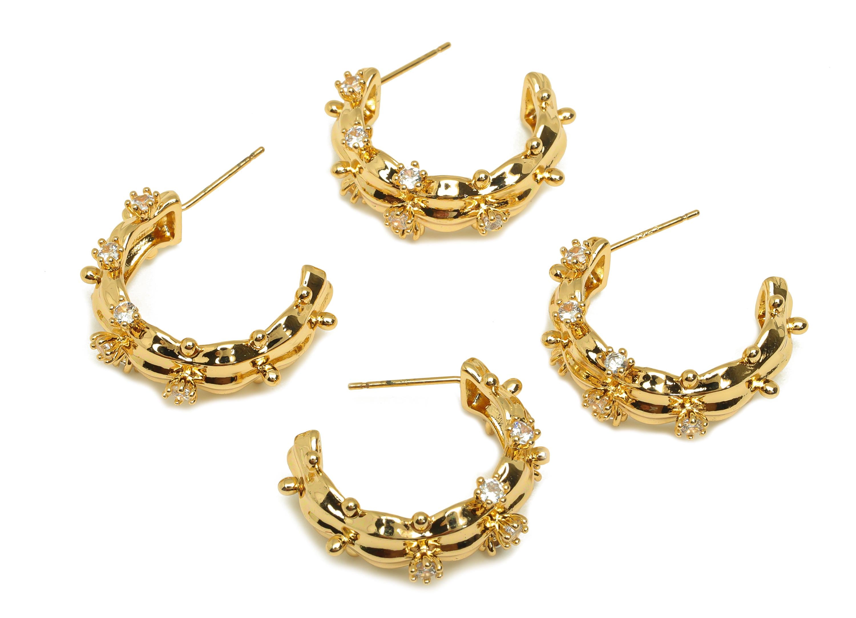 Brass C Hoop Earring - Gold Zircon Wave Hoop Earring Stud - CZ Round Textured Open Earring Post - 18K Real Gold Plating -25x23x5.3mm-RGP7595 - DOMEDBAZAAR