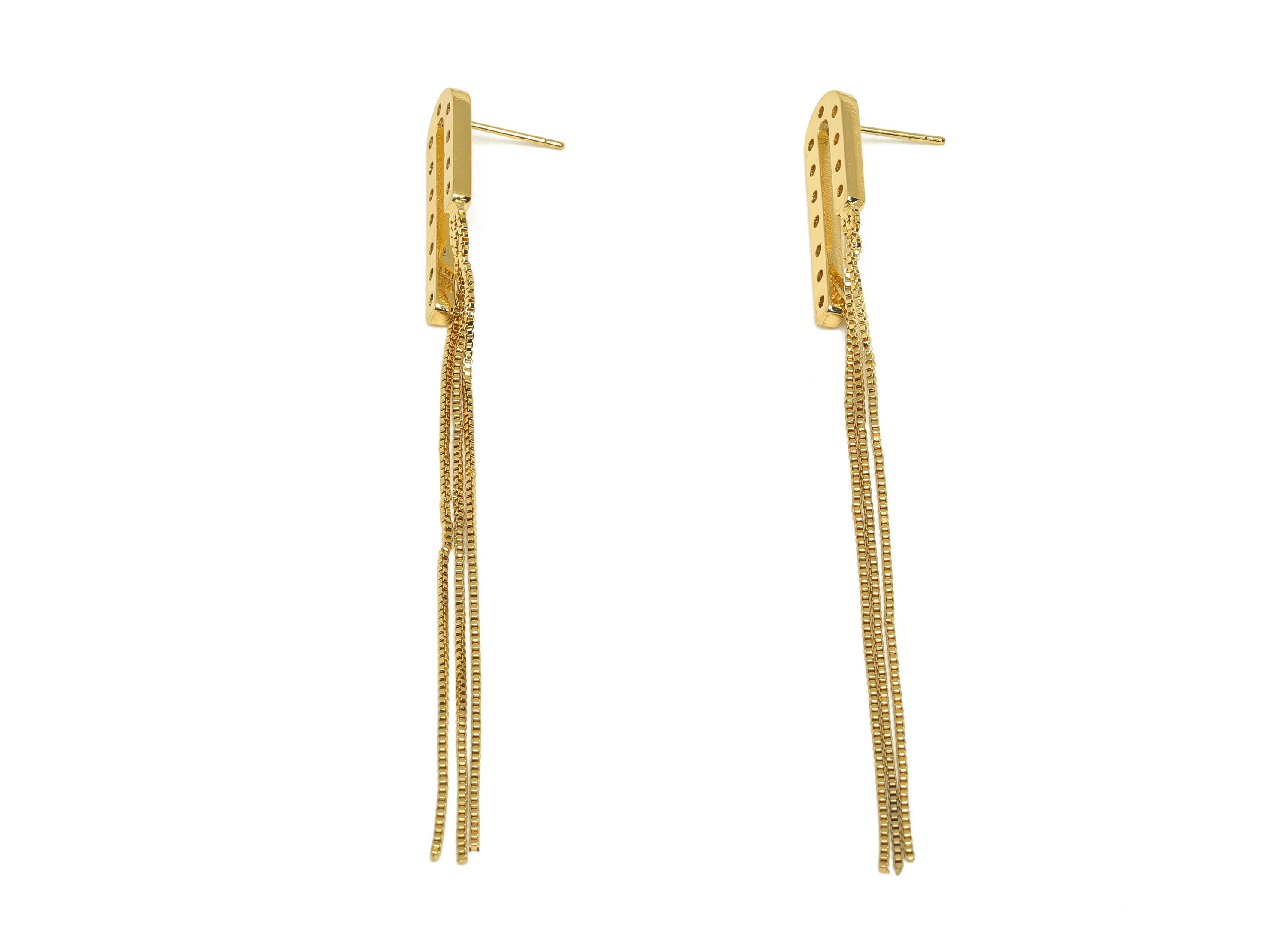 Brass U Tassel Earring Stud - Gold Irregular Tassel Earring Post - Snake Chain Tassel Ear - 18K Real Gold Plated - 87.4x8.2x2.05mm - RGP7600 - DOMEDBAZAAR
