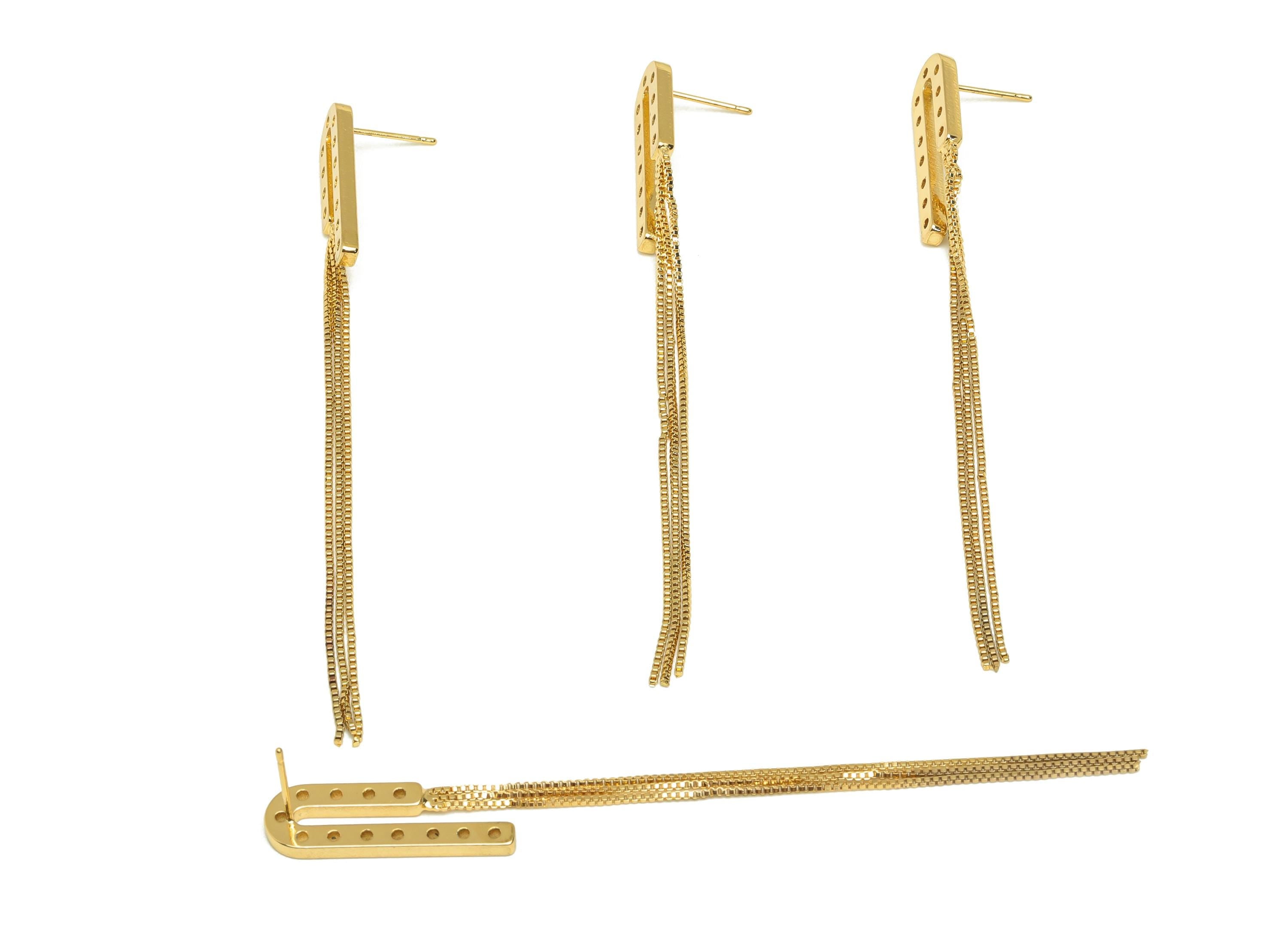 Brass U Tassel Earring Stud - Gold Irregular Tassel Earring Post - Snake Chain Tassel Ear - 18K Real Gold Plated - 87.4x8.2x2.05mm - RGP7600 - DOMEDBAZAAR