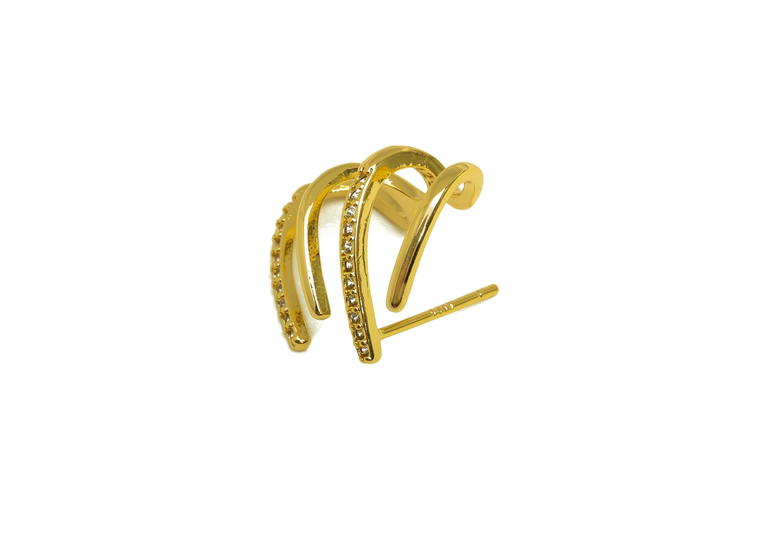 Brass Round C Hoop Ear - Gold Zircon Circle Earring Stud - CZ Bent Wire Earring Post - 18K Real Gold Plating - 14.55x18.50x1.42mm - RGP7999 - DOMEDBAZAAR