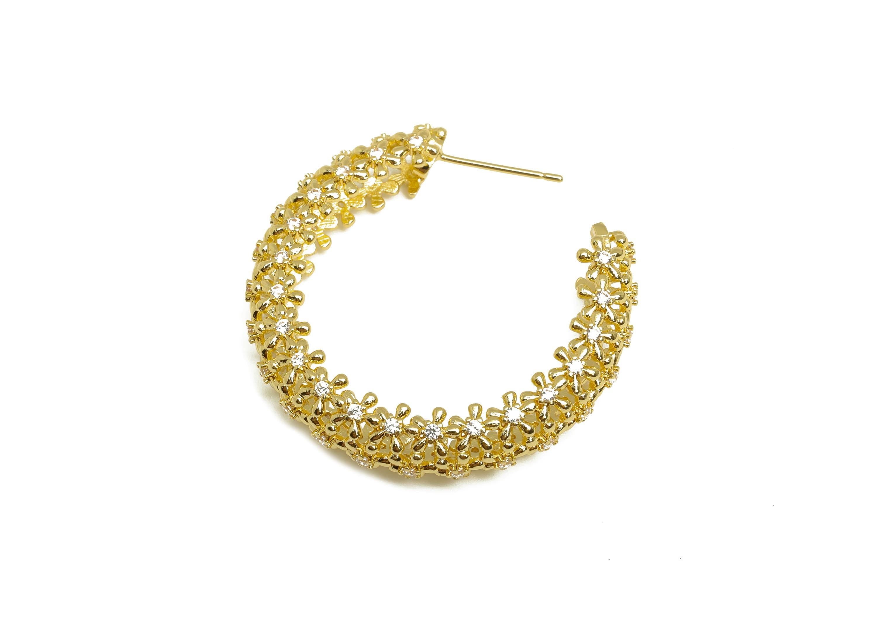 Brass Circle C Hoop Earring - Gold Zircon Earring Stud - CZ Textured Flower Earring Post - 18K Real Gold Plating - 36x36x4.39mm - RGP8001 - DOMEDBAZAAR
