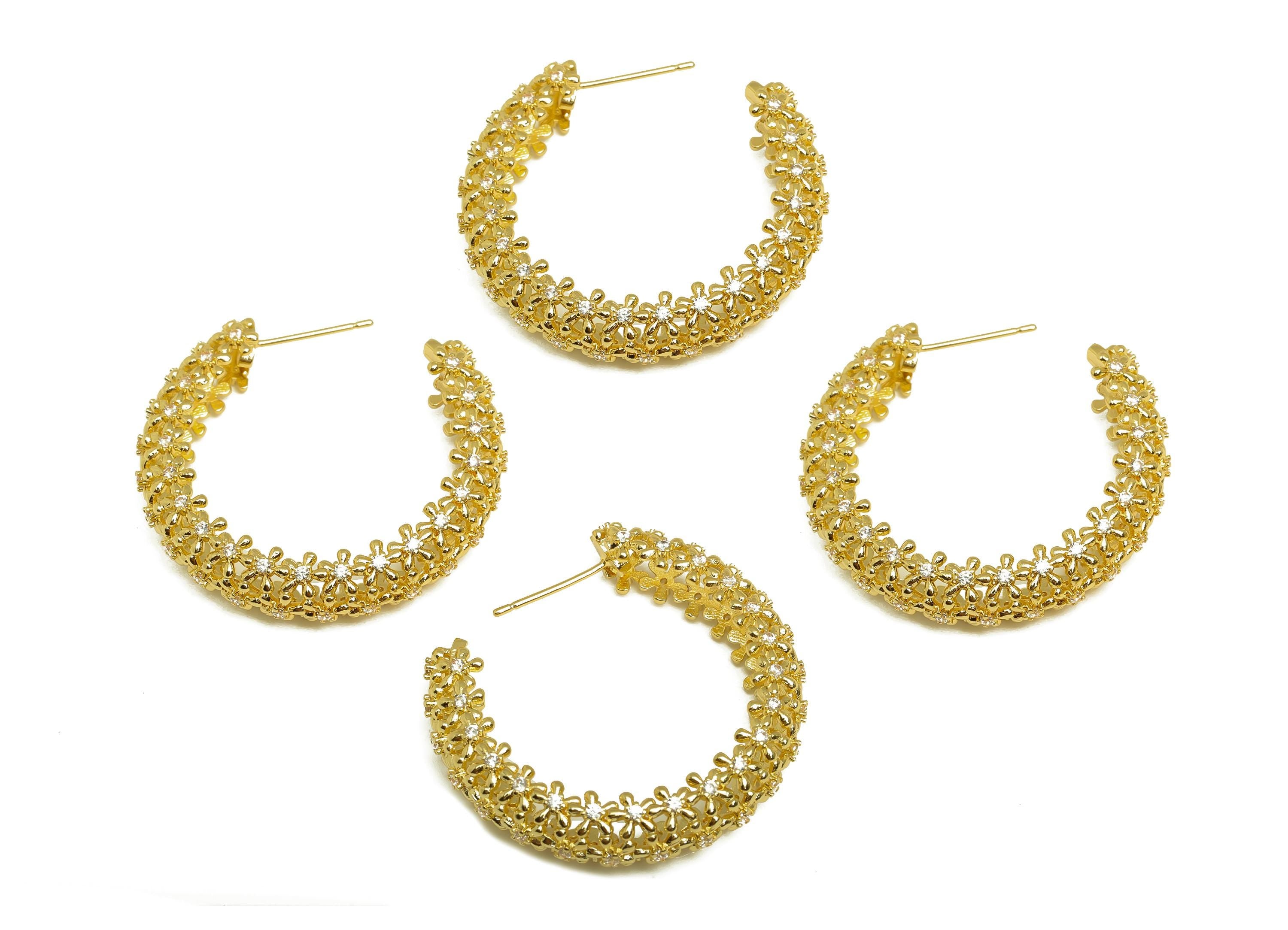 Brass Circle C Hoop Earring - Gold Zircon Earring Stud - CZ Textured Flower Earring Post - 18K Real Gold Plating - 36x36x4.39mm - RGP8001 - DOMEDBAZAAR