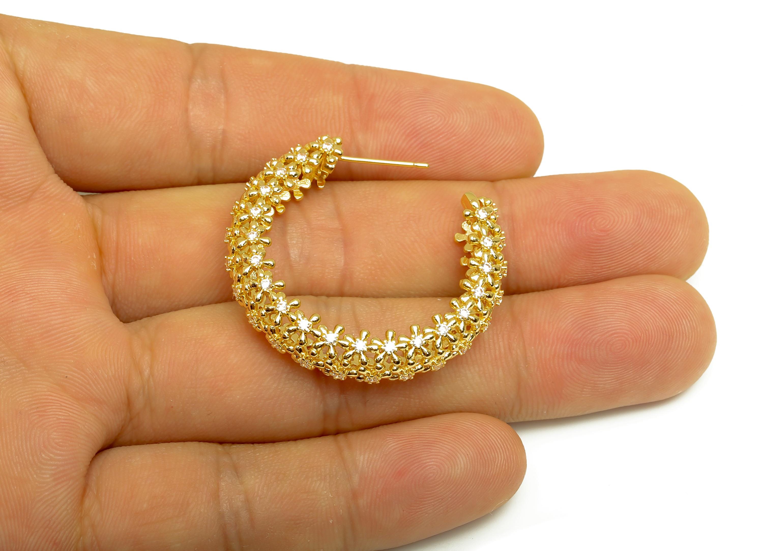 Brass Circle C Hoop Earring - Gold Zircon Earring Stud - CZ Textured Flower Earring Post - 18K Real Gold Plating - 36x36x4.39mm - RGP8001 - DOMEDBAZAAR