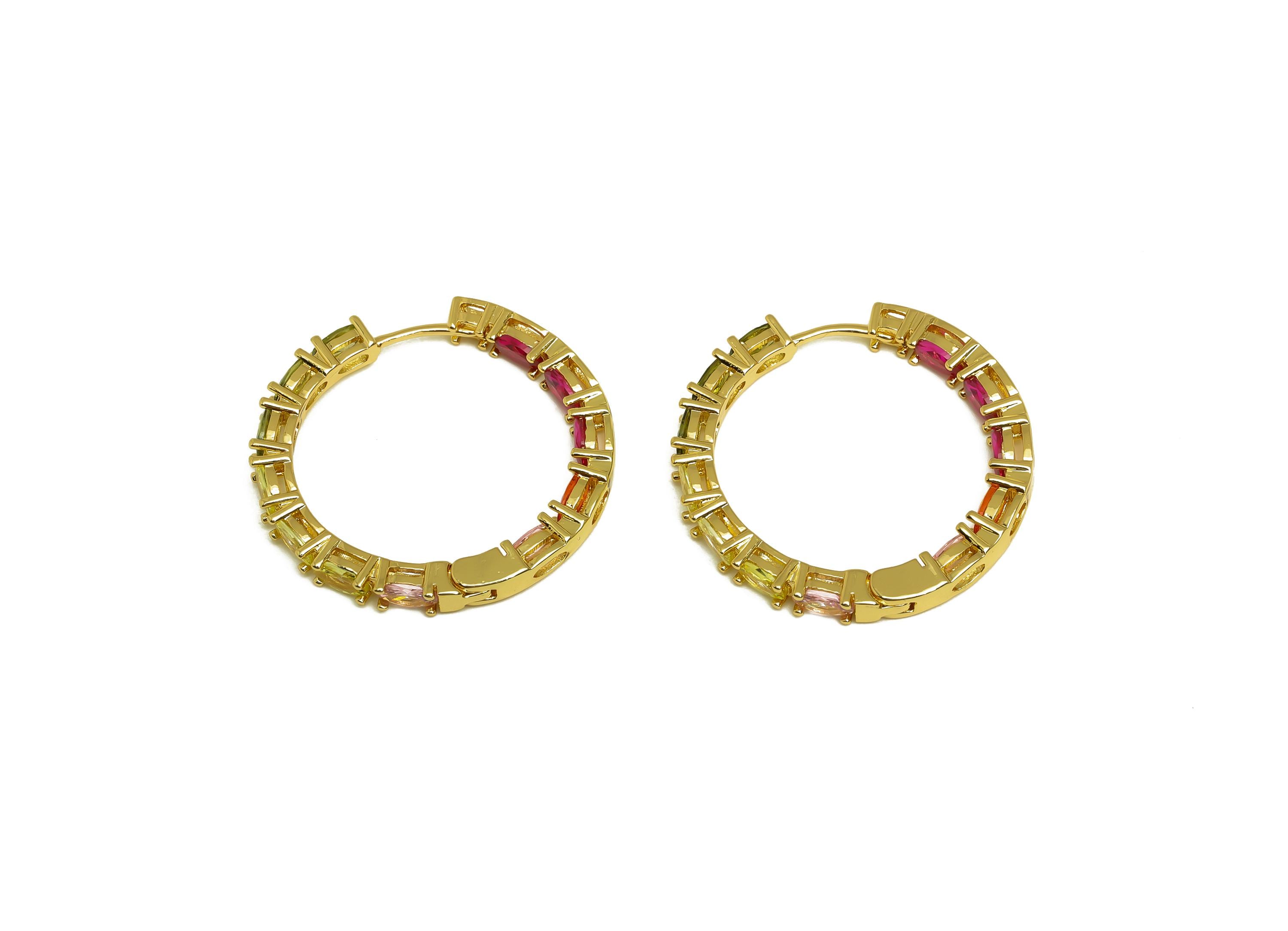 Brass Round Hoop Ear - Gold Oval Zircon Huggie Hoop Earring - Colorful CZ Earring Clasp - 18K Real Gold Plating- 29.21x29.21x3.56m - RGP8003 - DOMEDBAZAAR