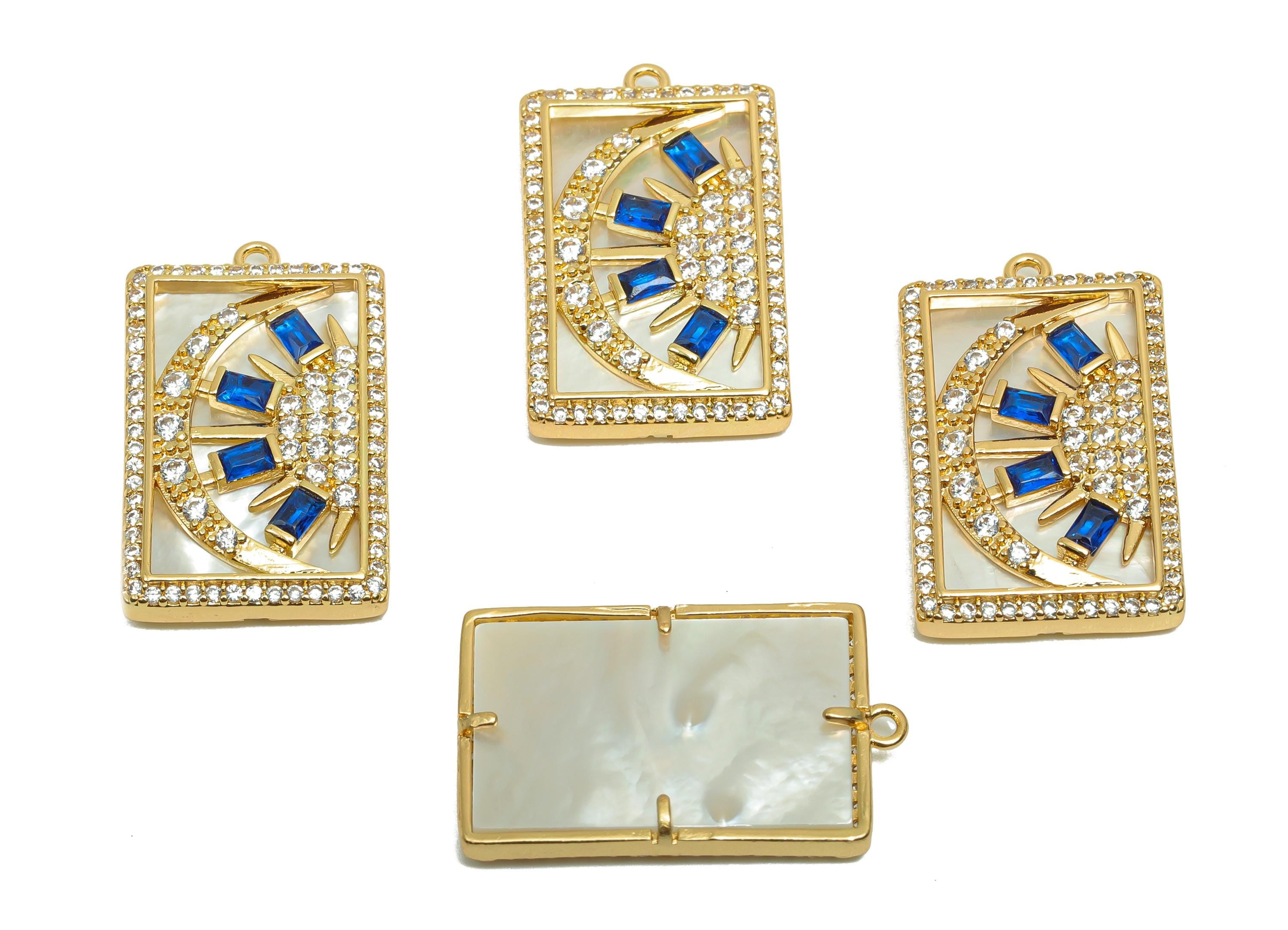Brass CZ Crescent Charms - Brass Cubic Zircon Charms - Brass Rectangle Sun Seashell Pendant  - 18K Real Gold Plating - 25x15x2mm - RGP8194 - DOMEDBAZAAR