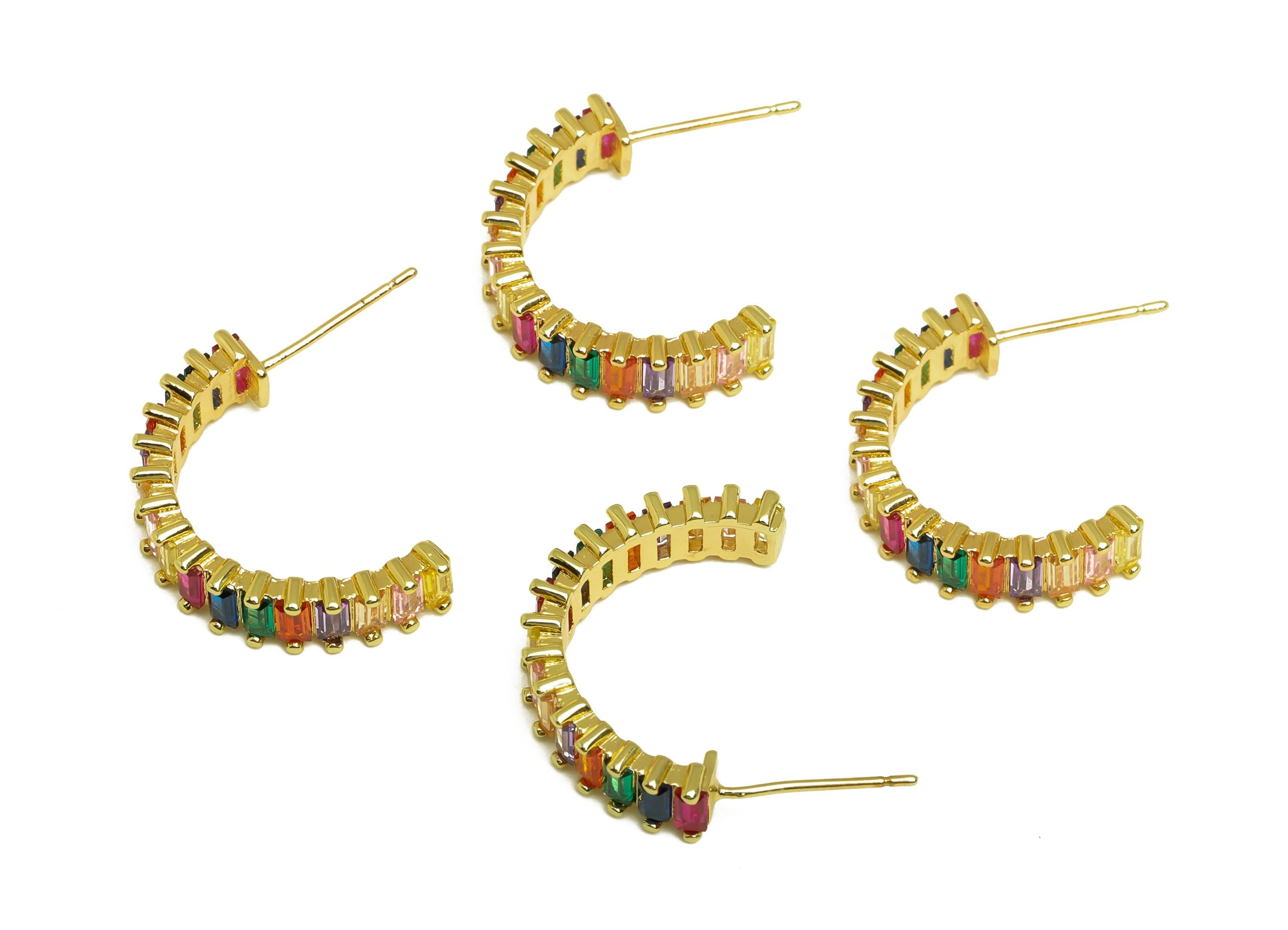 Brass Round C Hoop Ear - Gold Rainbow Zircon Earring Stud - CZ Open C Round Earring Post - 18K Real Gold Plating -18.7x22.36x2.63mm- RGP8005 - DOMEDBAZAAR