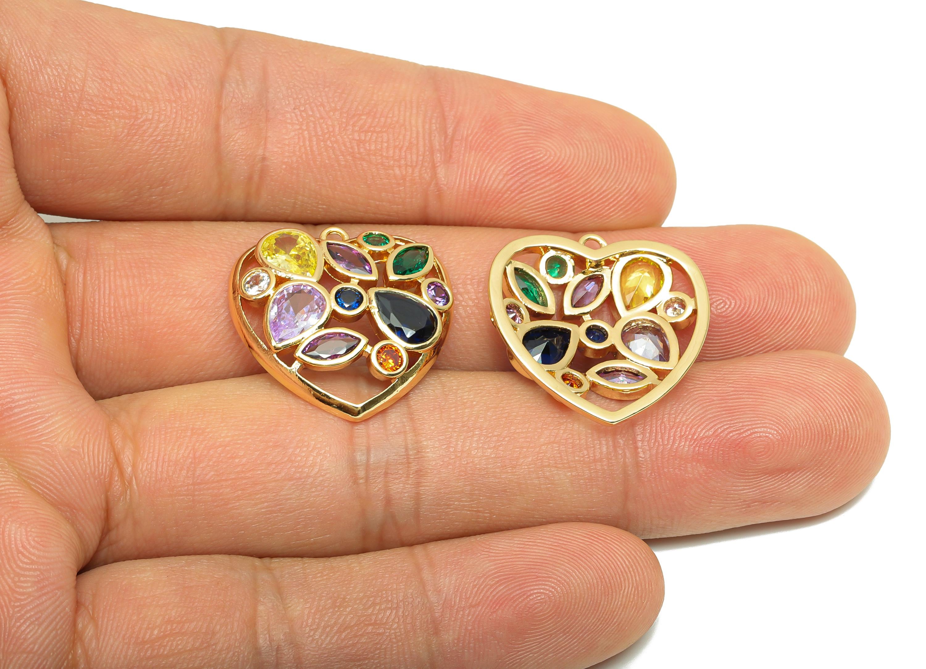 Brass CZ Heart Charms - Brass Cubic Zircon Earring Charm - Brass Rainbow CZ Heart Pendant  - 18K Real Gold Plating - 22x22x3.72mm - RGP8197 - DOMEDBAZAAR