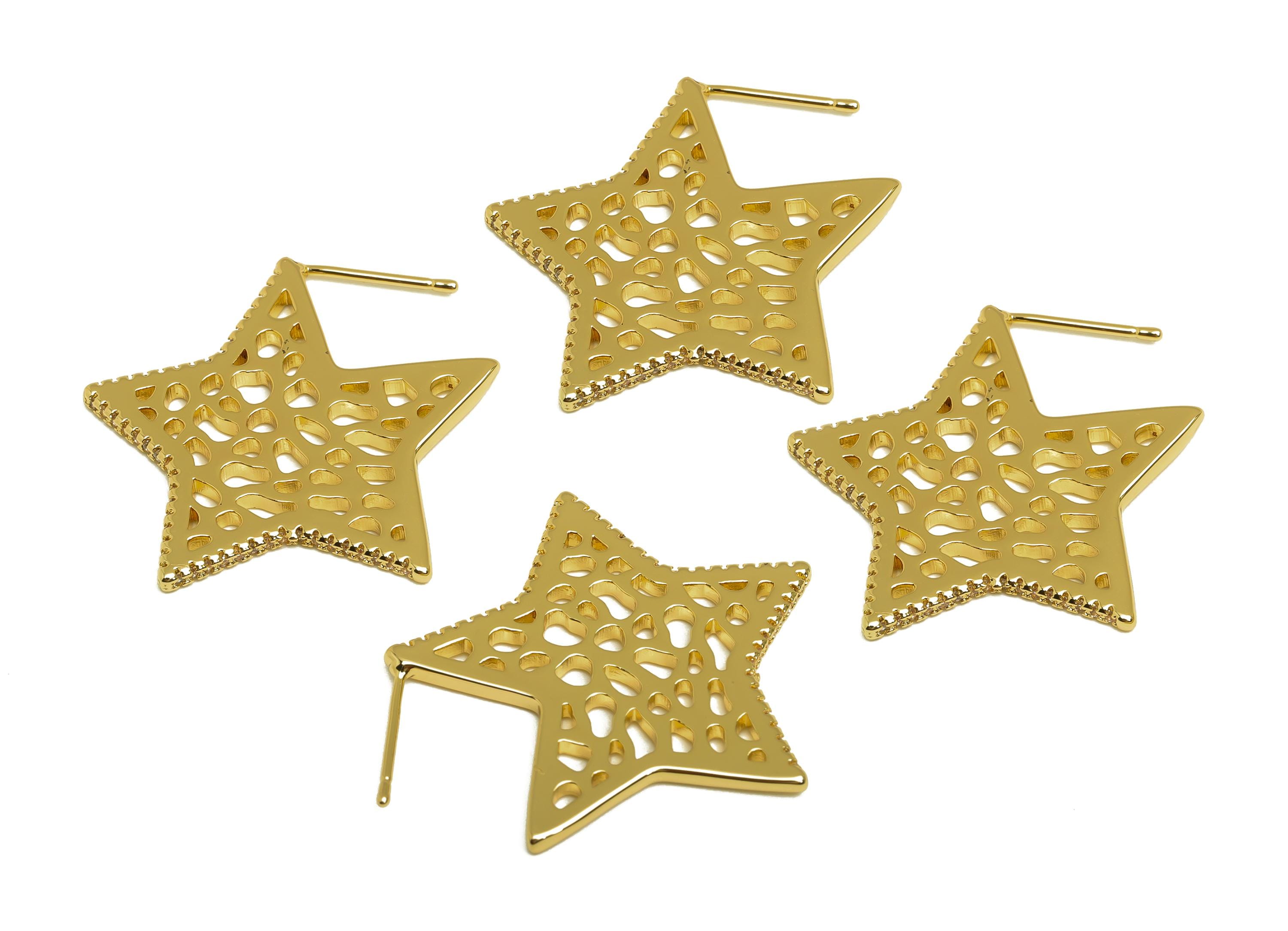Brass Star Earring Post - Gold Zircon Mesh Star Earring - CZ Textured Star Earring Stud - 18K Real Gold Plated - 30.40x31.93x1.85mm- RGP8006 - DOMEDBAZAAR