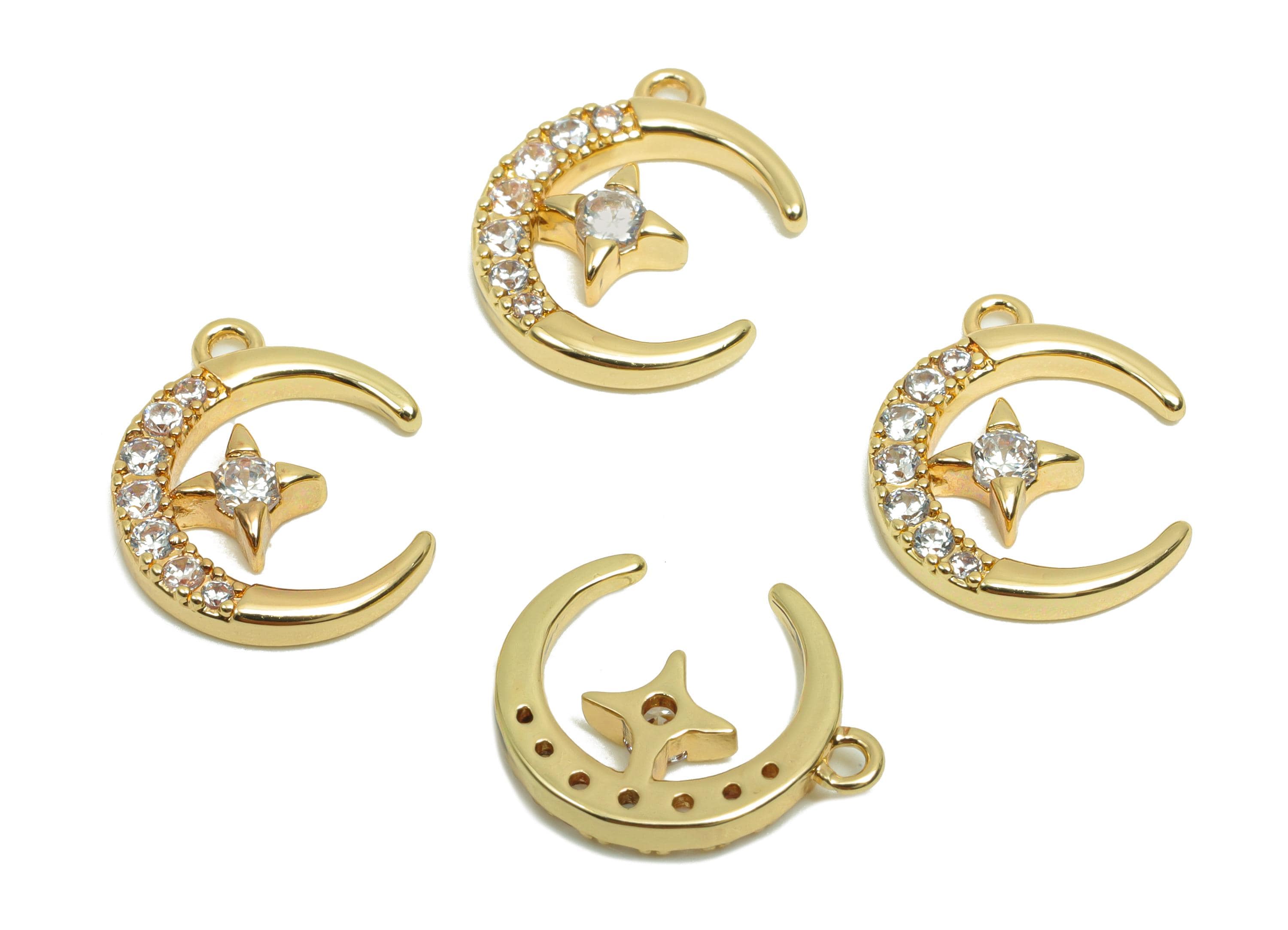 Brass CZ Crescent Earring Charm - Brass Cubic Zircon Earring Charm - Brass Moon Star Pendant  - 18K Real Gold Plating - 13x11x2mm - RGP8186 - DOMEDBAZAAR