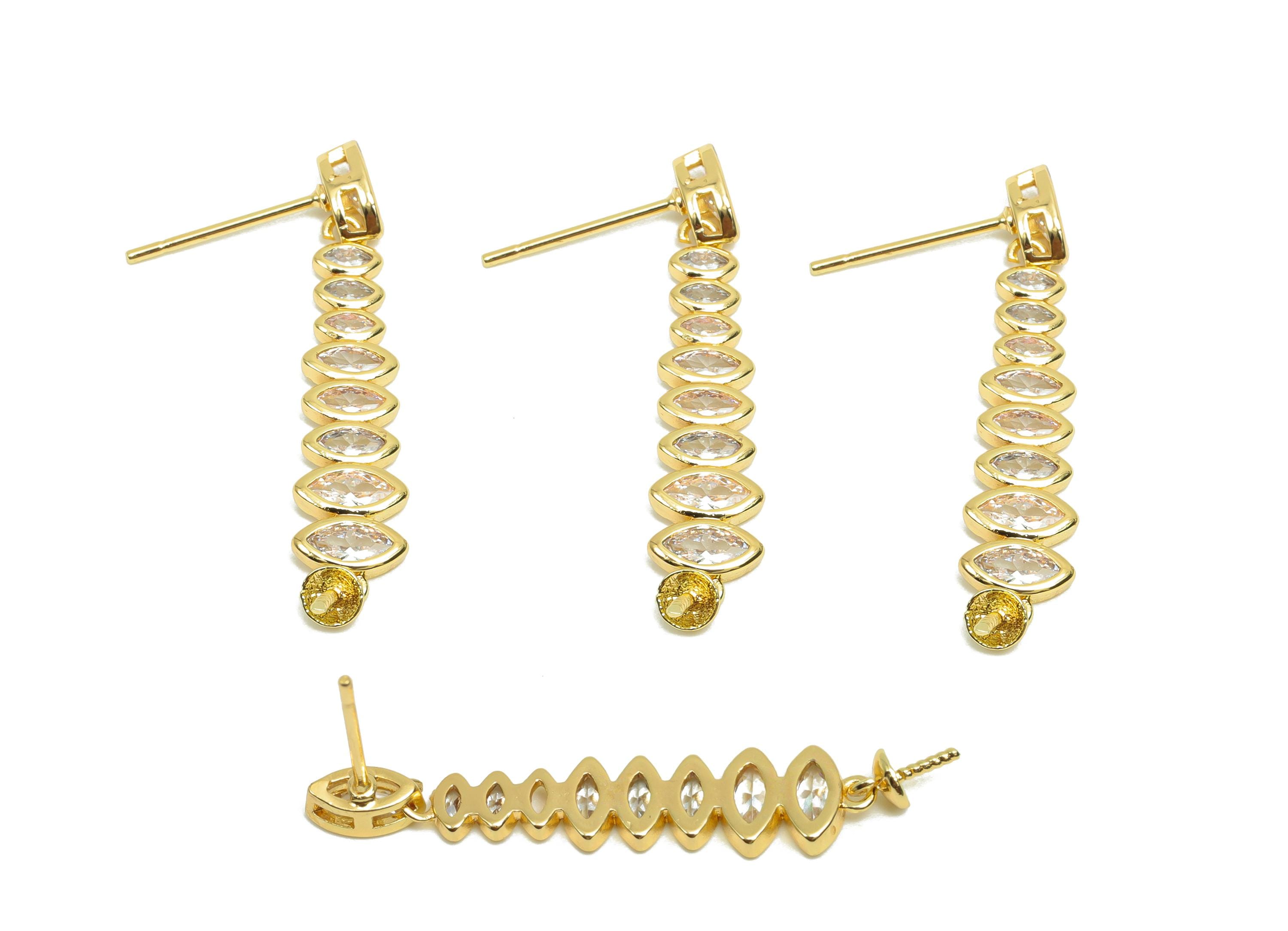 Brass Marquise Earring Post - Gold Zircon Hanging Earring - CZ Geometry Earring Stud For Pearl - 18K Real Gold Plating - 36x6x3mm- RGP8187 - DOMEDBAZAAR