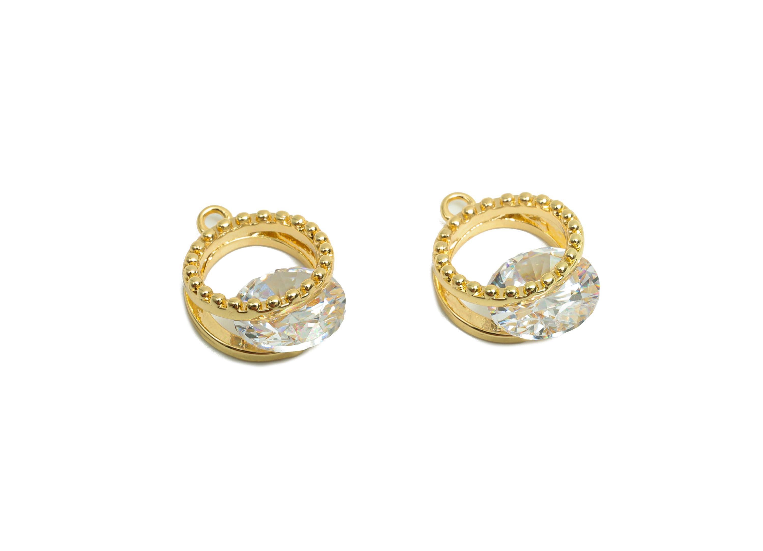 Brass CZ Round Charms - Brass Cubic Zircon Earring Charm - Brass Beaded Diamond Pendant  - 18K Real Gold Plating - 17x11.8x8.04mm - RGP8212 - DOMEDBAZAAR