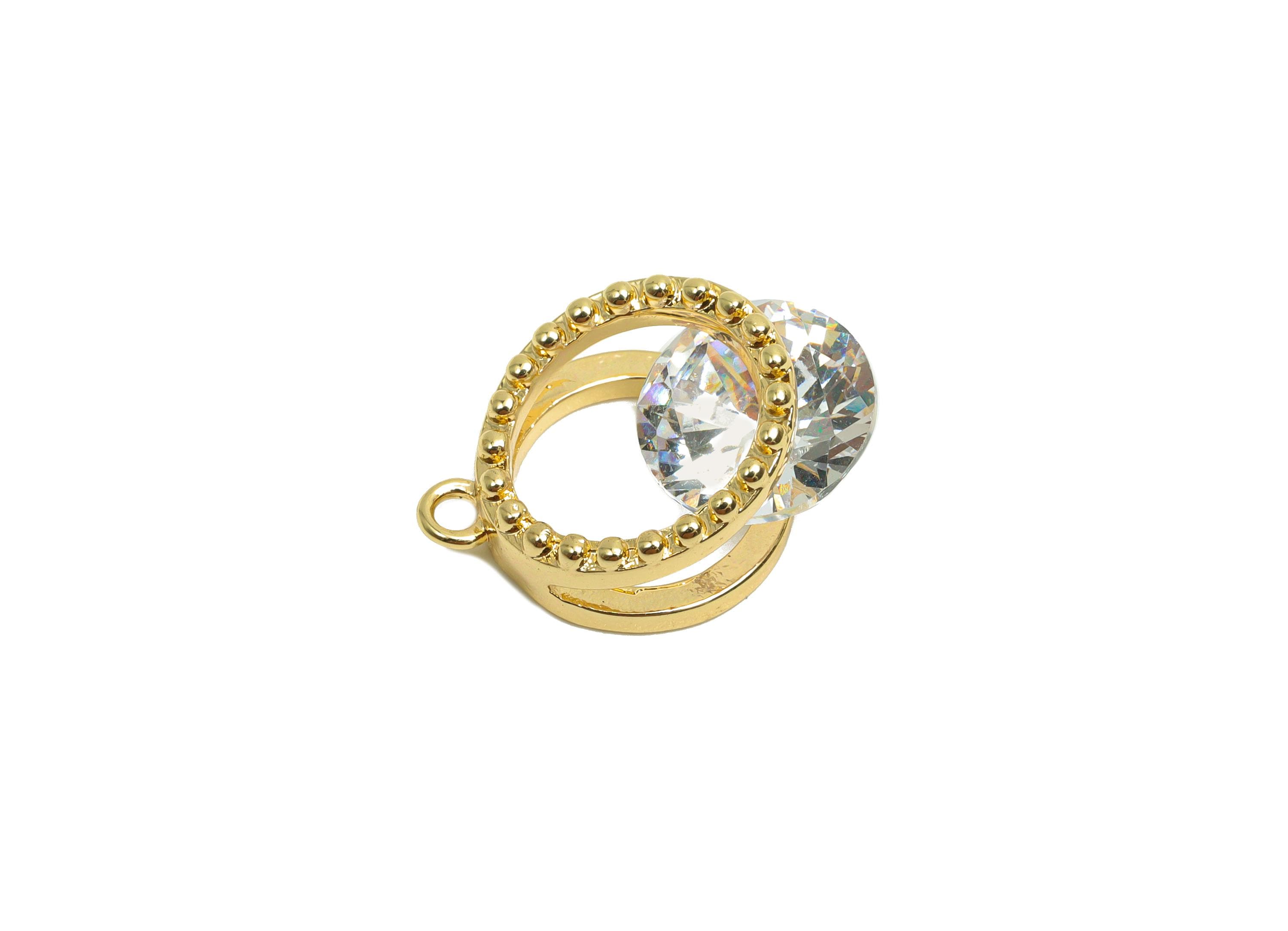 Brass CZ Round Charms - Brass Cubic Zircon Earring Charm - Brass Beaded Diamond Pendant  - 18K Real Gold Plating - 17x11.8x8.04mm - RGP8212 - DOMEDBAZAAR