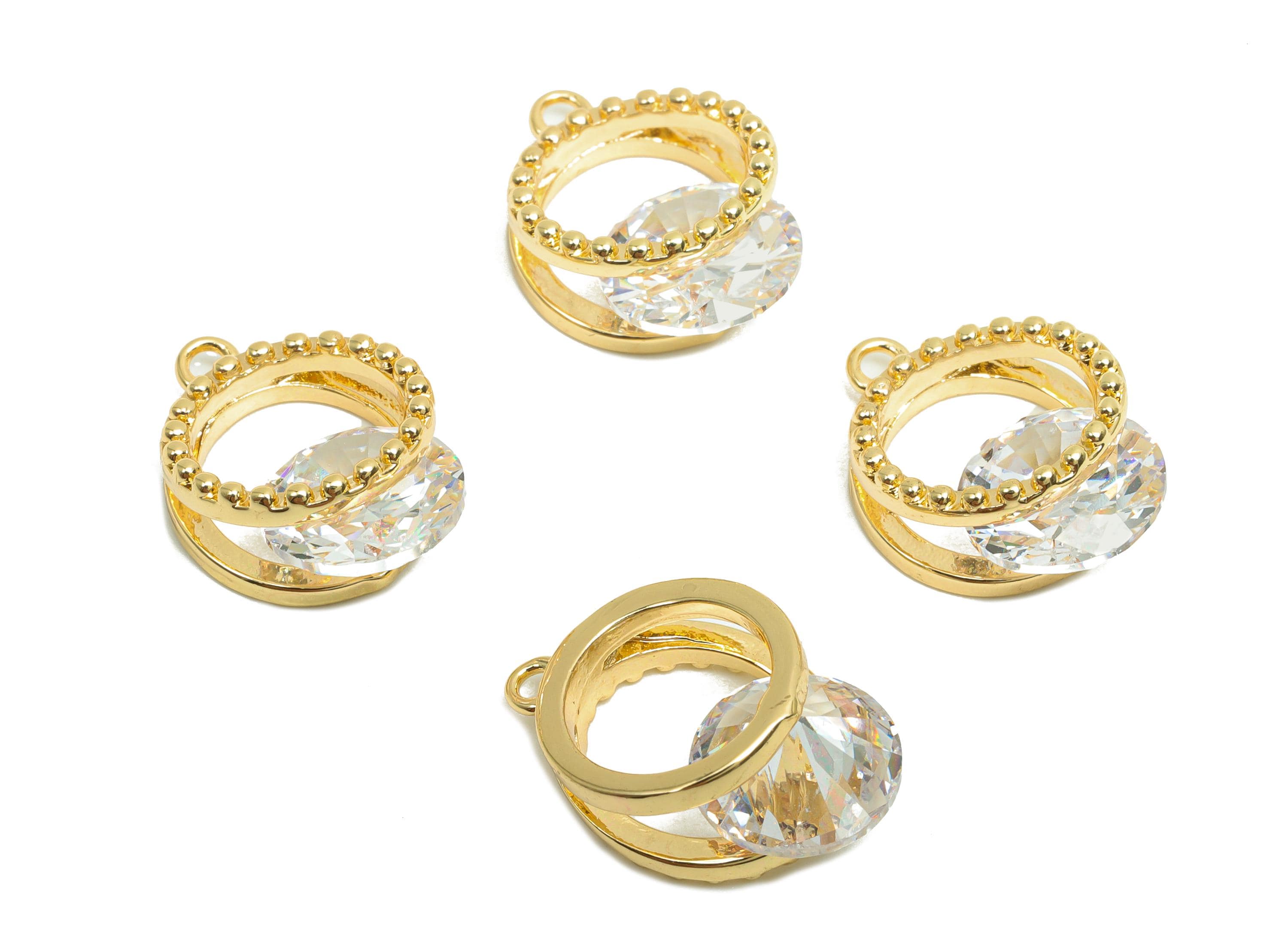 Brass CZ Round Charms - Brass Cubic Zircon Earring Charm - Brass Beaded Diamond Pendant  - 18K Real Gold Plating - 17x11.8x8.04mm - RGP8212 - DOMEDBAZAAR