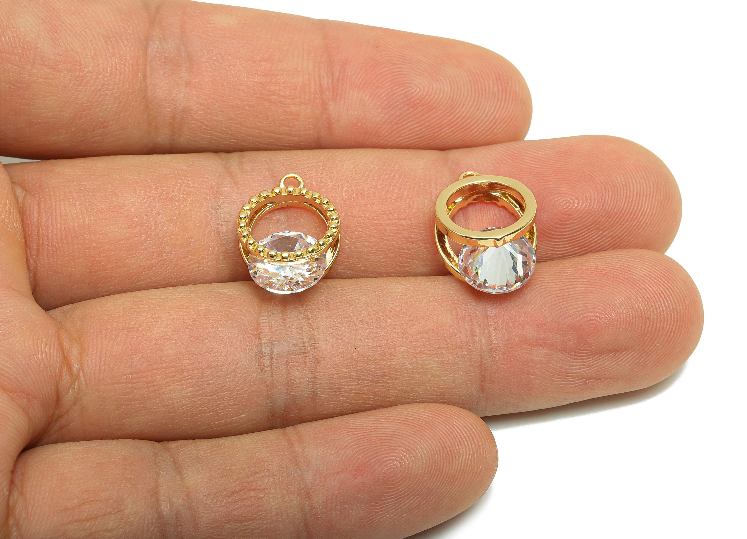 Brass CZ Round Charms - Brass Cubic Zircon Earring Charm - Brass Beaded Diamond Pendant  - 18K Real Gold Plating - 17x11.8x8.04mm - RGP8212 - DOMEDBAZAAR