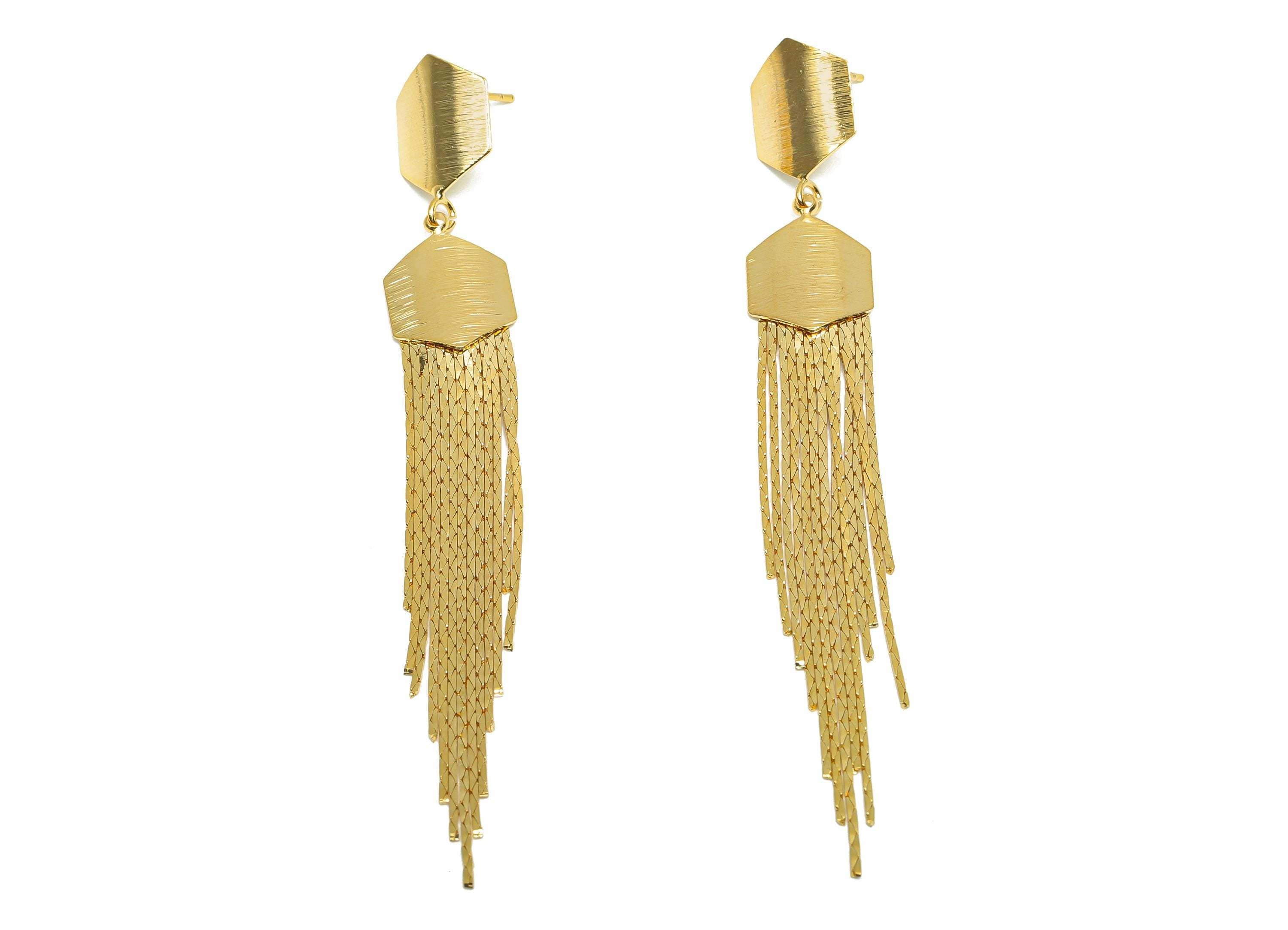 Brass Hexagon Dangle Earring - Hexagon Snake Chian Earring Post - Gold Tassel Dangle Earring - 18K Real Gold Plated - 86x11.7x0.6mm- RGP8271 - DOMEDBAZAAR