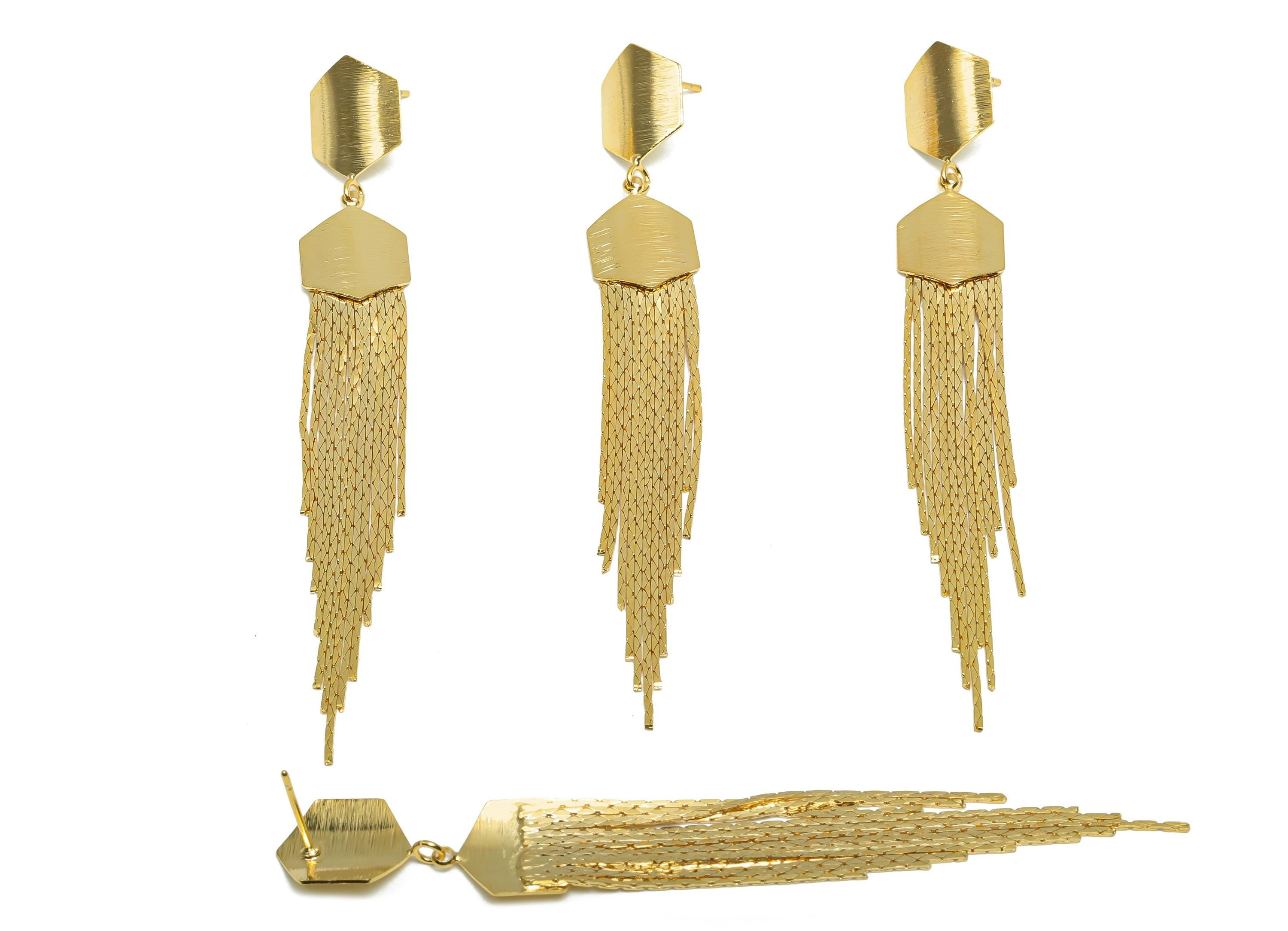 Brass Hexagon Dangle Earring - Hexagon Snake Chian Earring Post - Gold Tassel Dangle Earring - 18K Real Gold Plated - 86x11.7x0.6mm- RGP8271 - DOMEDBAZAAR