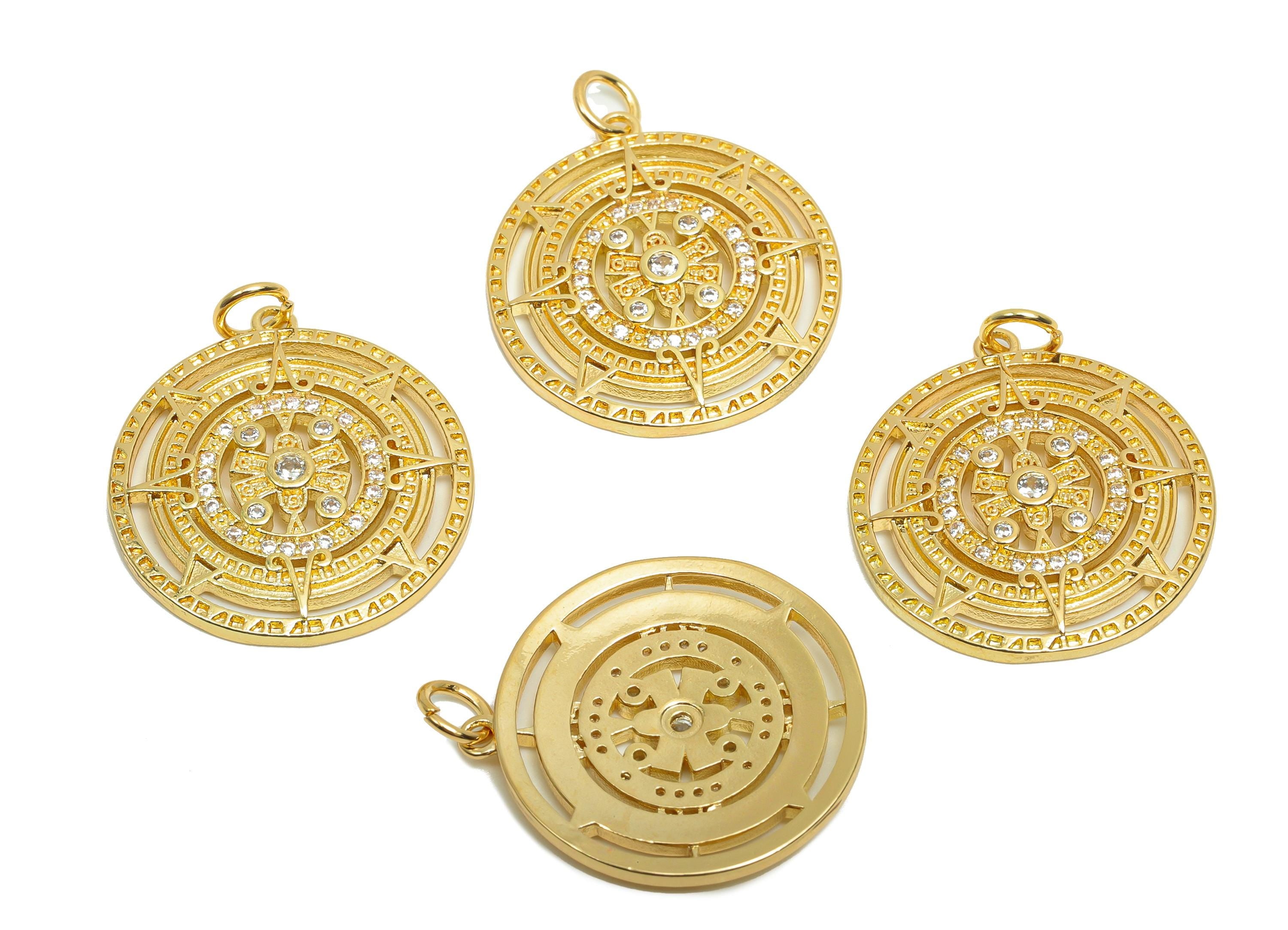 Brass CZ Compass Charms - Brass Cubic Zircon Earring Charm - Brass Pattern Pendant  - 18K Real Gold Plating - 26x22x2.42mm - RGP8192 - DOMEDBAZAAR