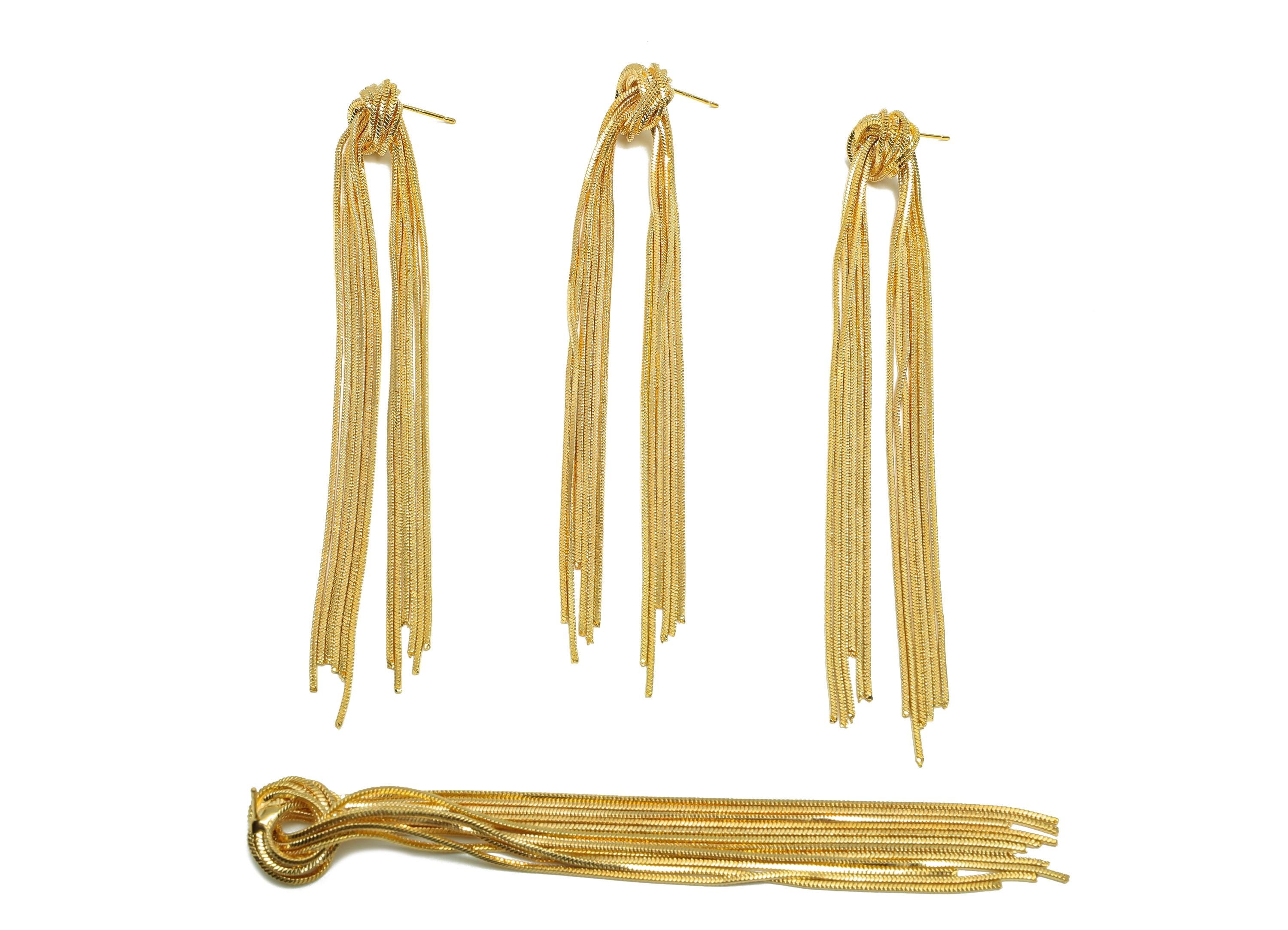 Brass Snake Chain Earring - Gold Knot Long Chain Earring Stud - Knot Chain Tassel Ear Post - 18K Real Gold Plating- 110.2x16.2x7mm - RGP8272 - DOMEDBAZAAR