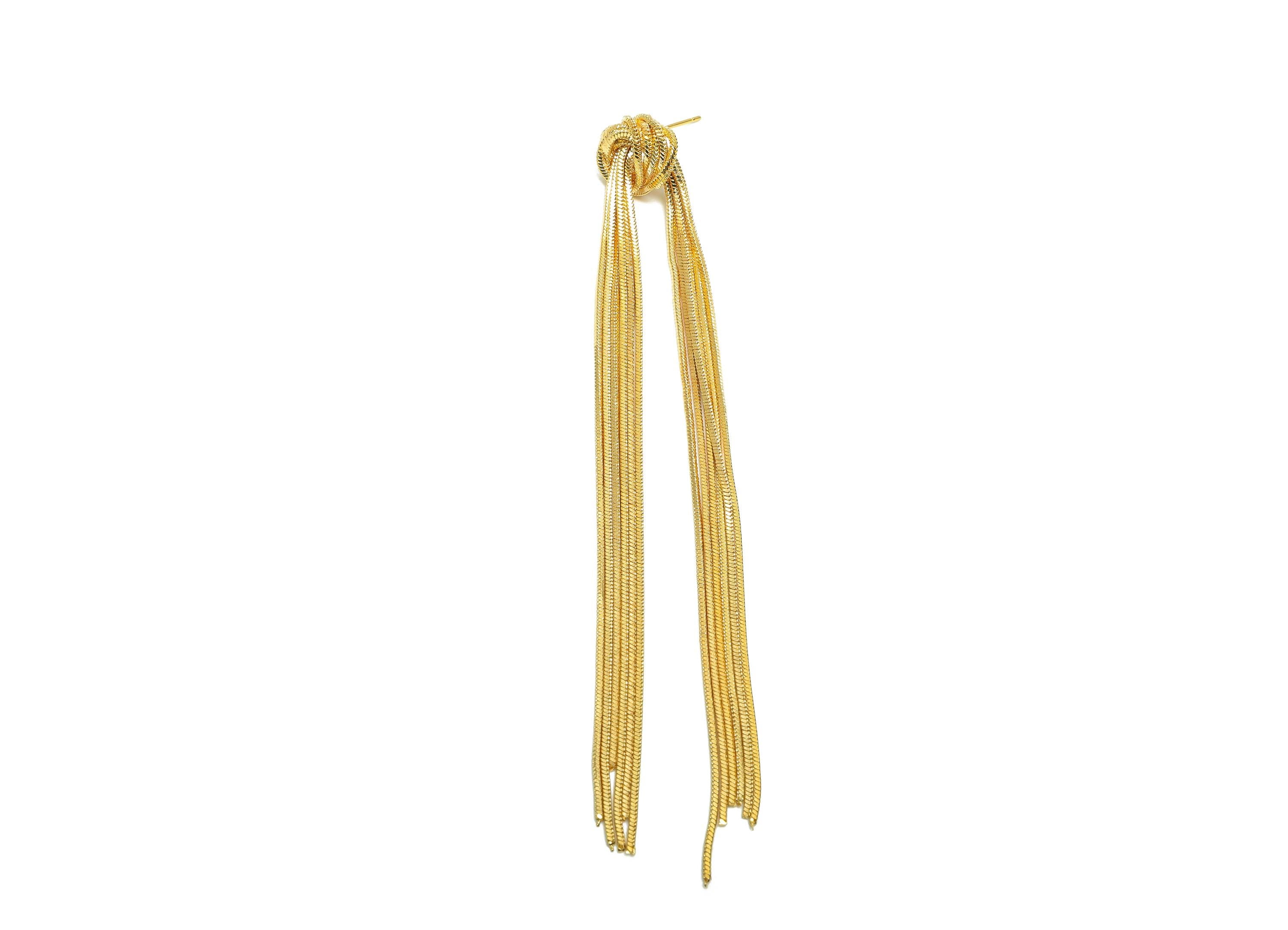Brass Snake Chain Earring - Gold Knot Long Chain Earring Stud - Knot Chain Tassel Ear Post - 18K Real Gold Plating- 110.2x16.2x7mm - RGP8272 - DOMEDBAZAAR
