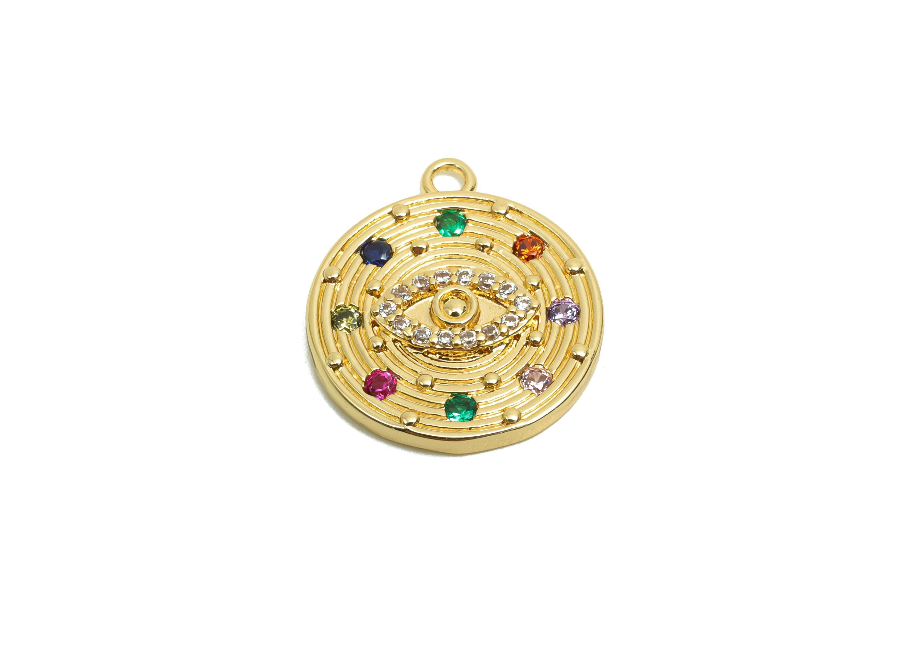 Brass CZ Eye Charms - Brass Cubic Zircon Earring Charm - Brass Textured Rainbow CZ Pendant  - 18K Real Gold Plating - 17.5x15x2mm - RGP8199 - DOMEDBAZAAR